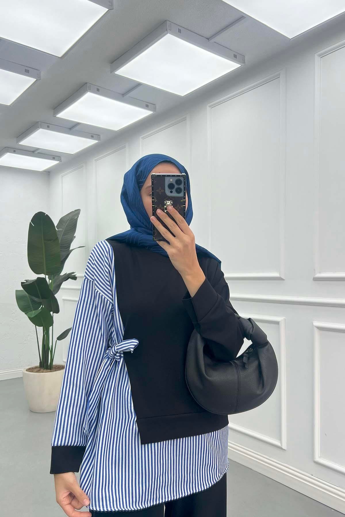 Yandan Bağlamalı Çizgili Sweatshirt Siyah