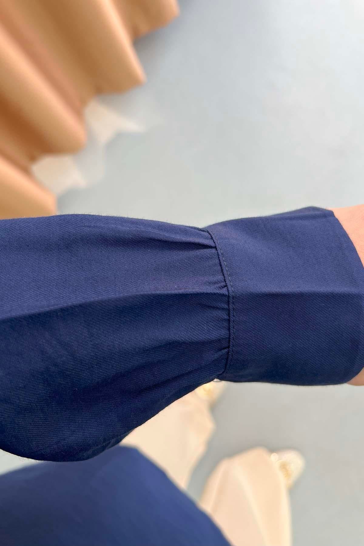 Yandan Fiyonk Bağlamalı Gabardin Gömlek Lacivert