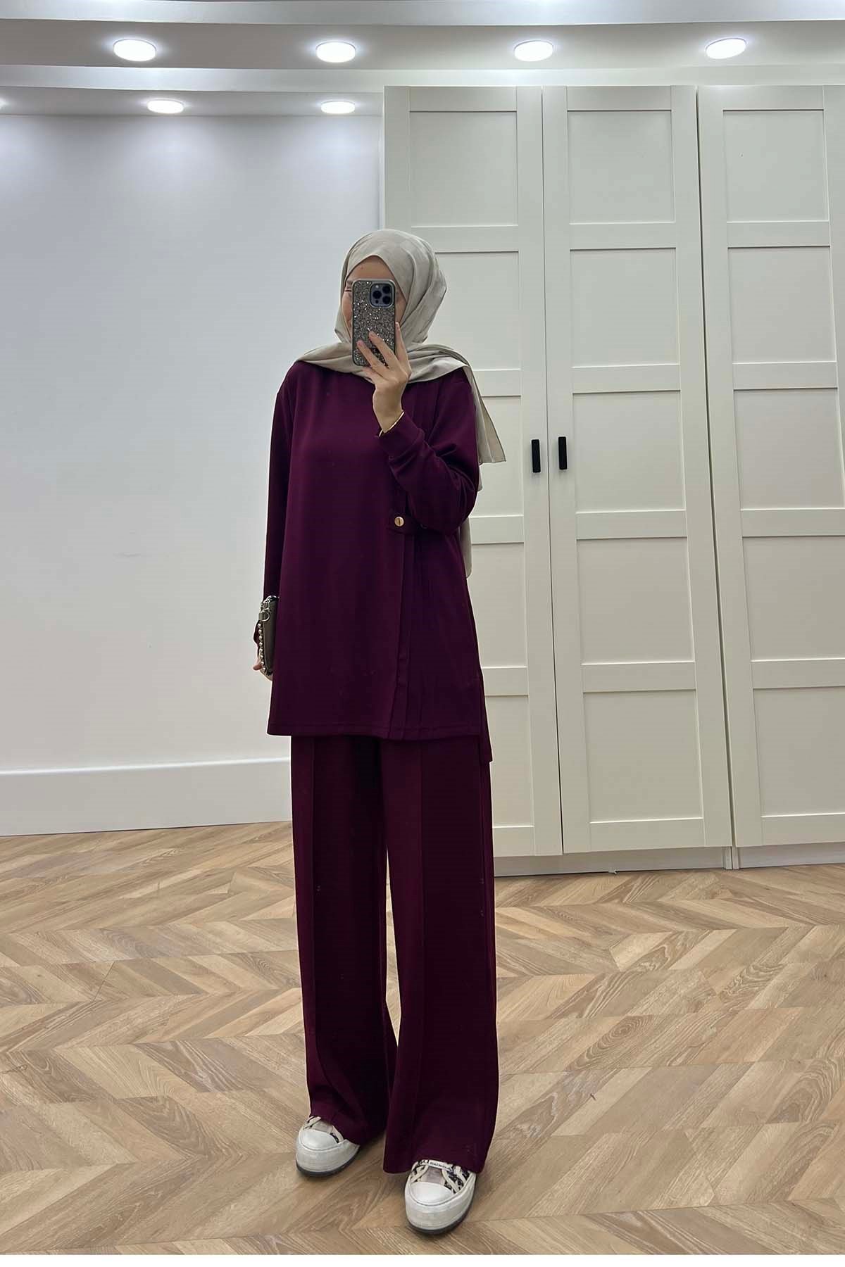 Yandan Gold Detaylı Oysh Takım Bordo