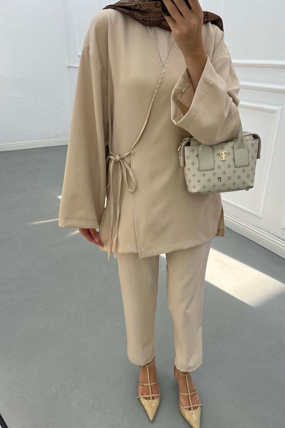 Yanı Yırtmaçlı Double Kimono Bej