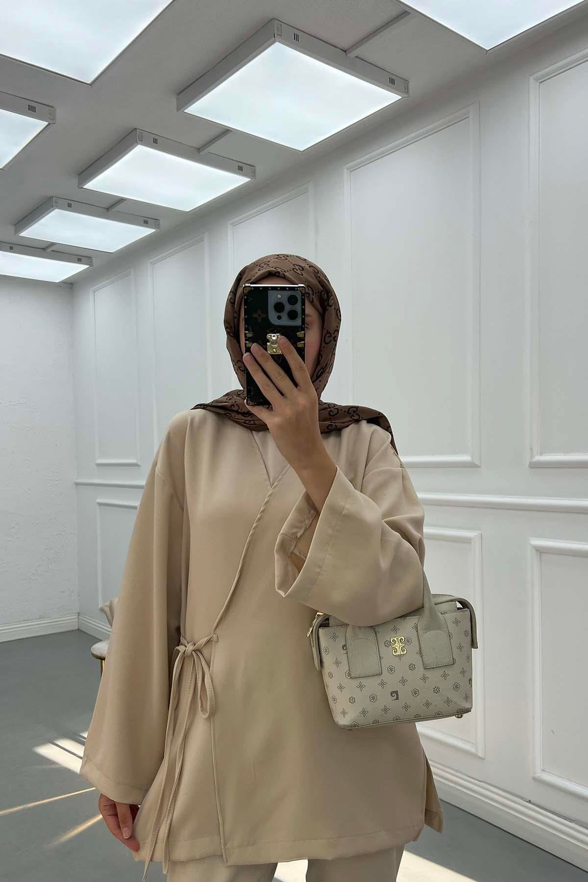 Yanı Yırtmaçlı Double Kimono Bej