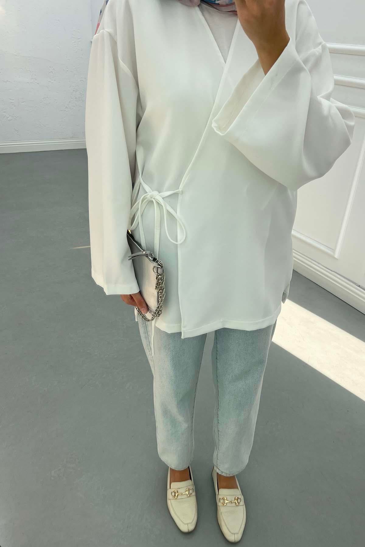 Yanı Yırtmaçlı Double Kimono Beyaz
