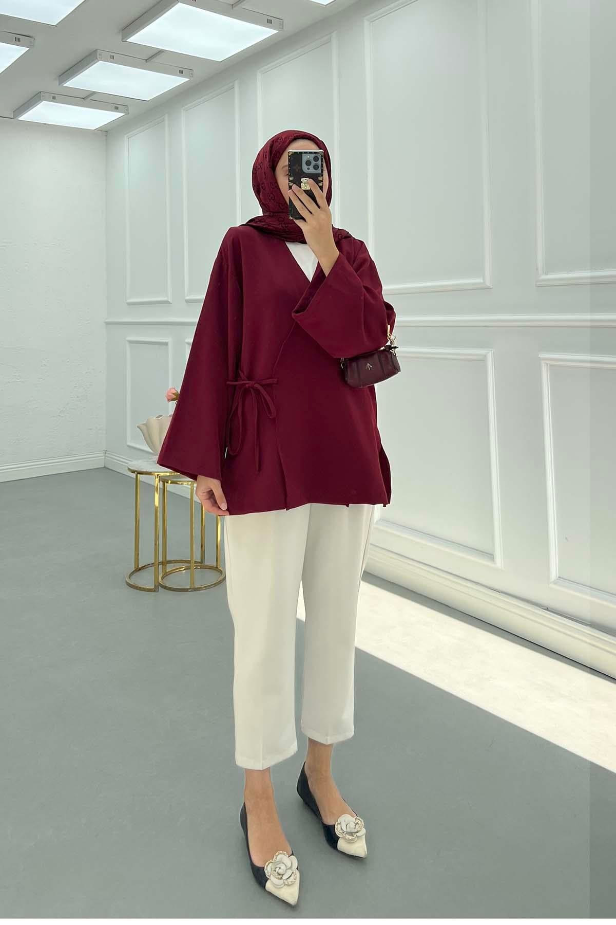 Yanı Yırtmaçlı Double Kimono Bordo