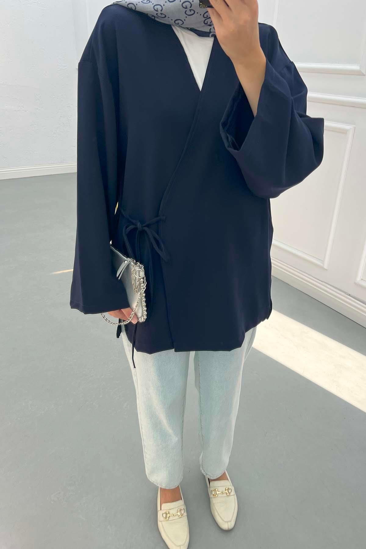 Yanı Yırtmaçlı Double Kimono Lacivert