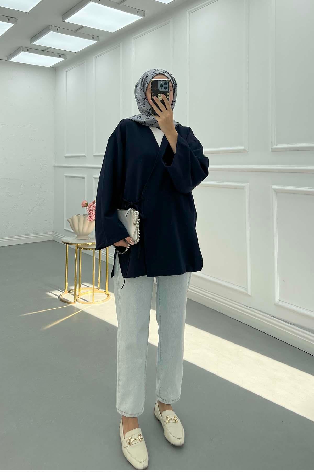Yanı Yırtmaçlı Double Kimono Lacivert