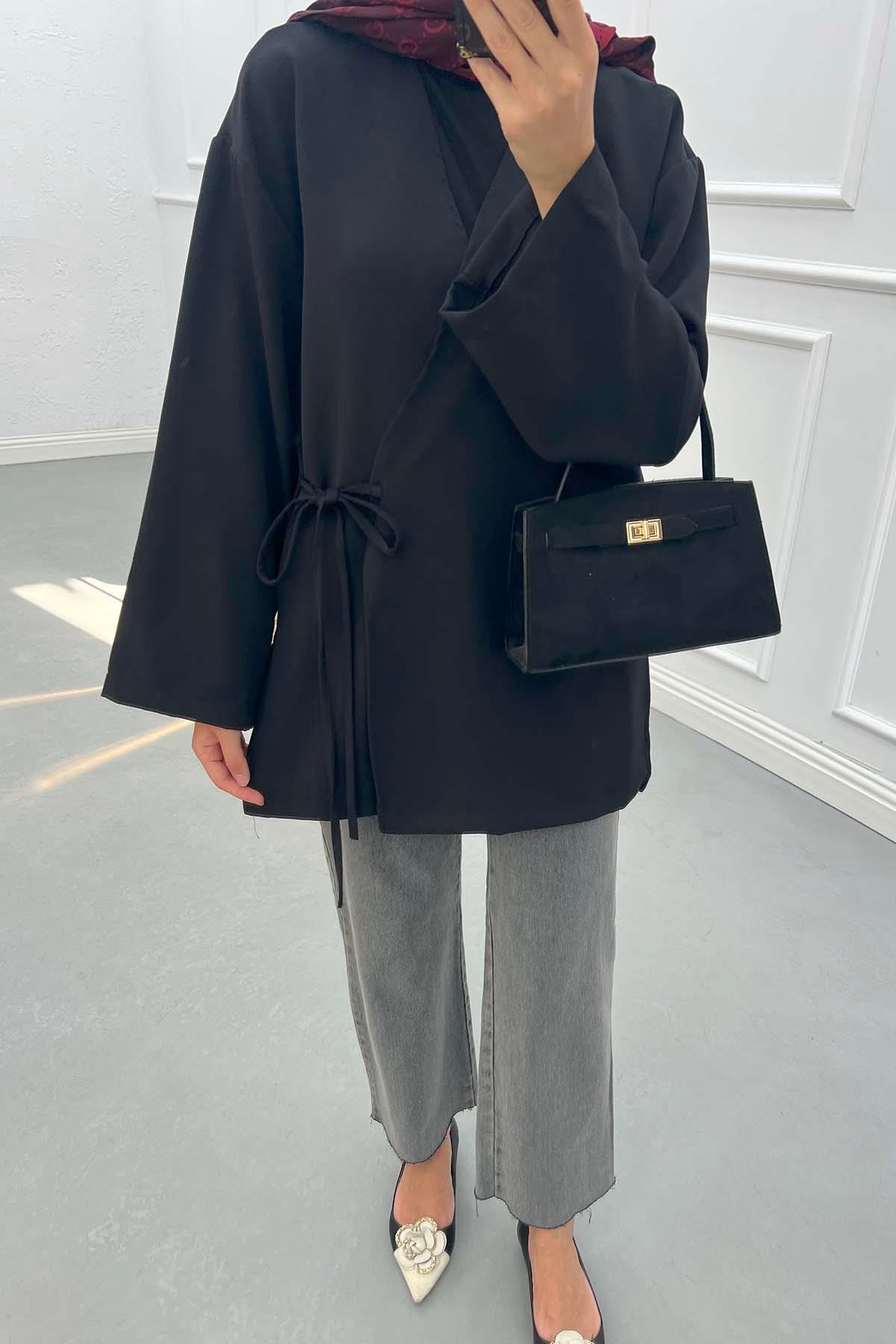 Yanı Yırtmaçlı Double Kimono Siyah