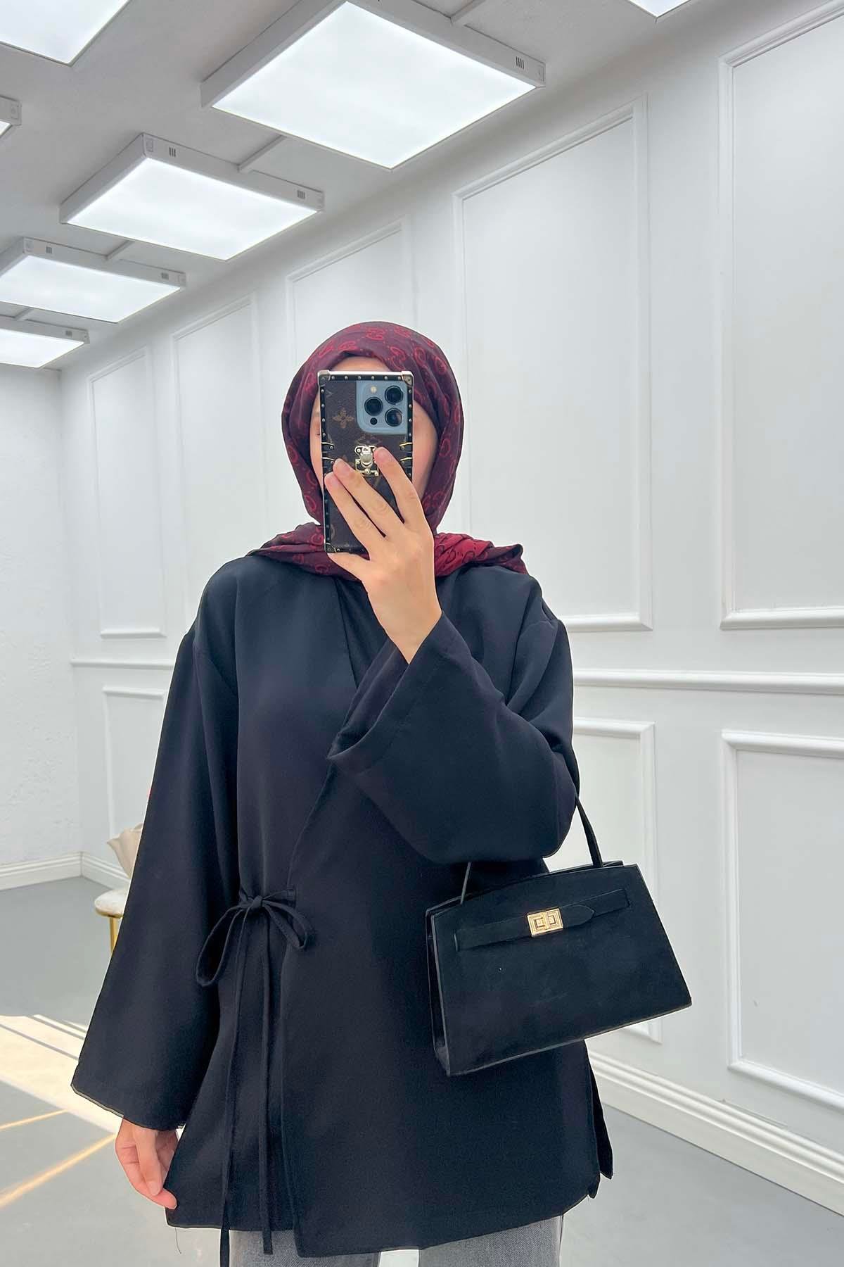Yanı Yırtmaçlı Double Kimono Siyah