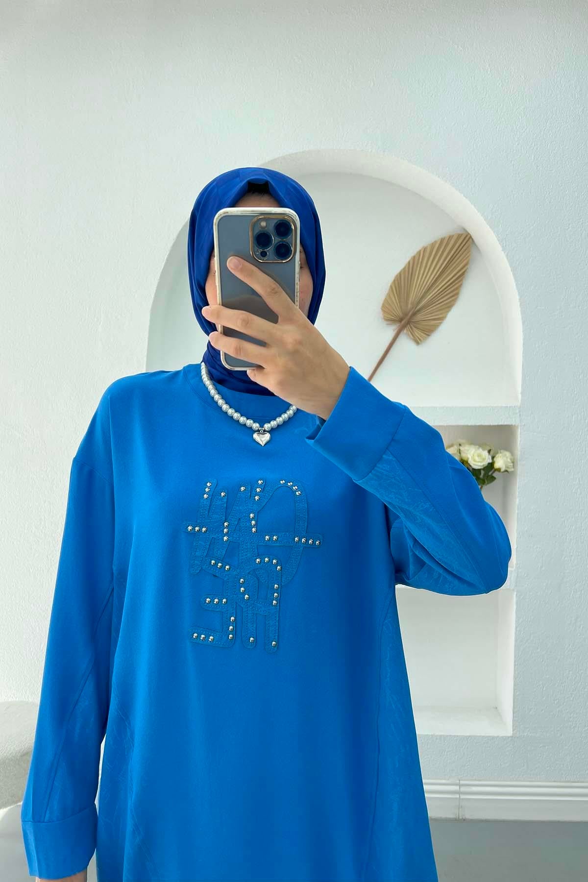 Yanları Desenli Eteği Büzgülü Tunik Mavi