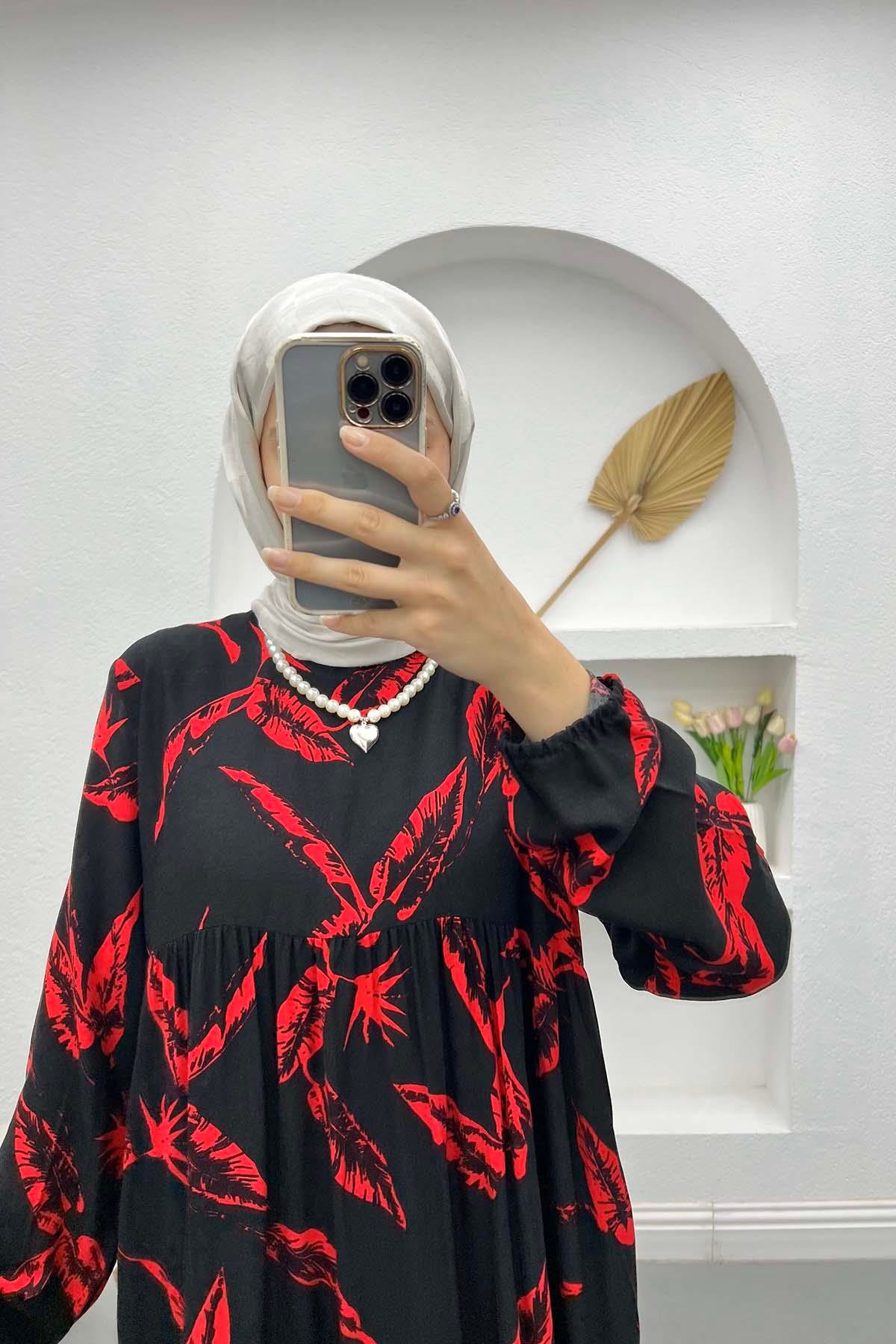 Yaprak Desenli Elbise Kırmızı