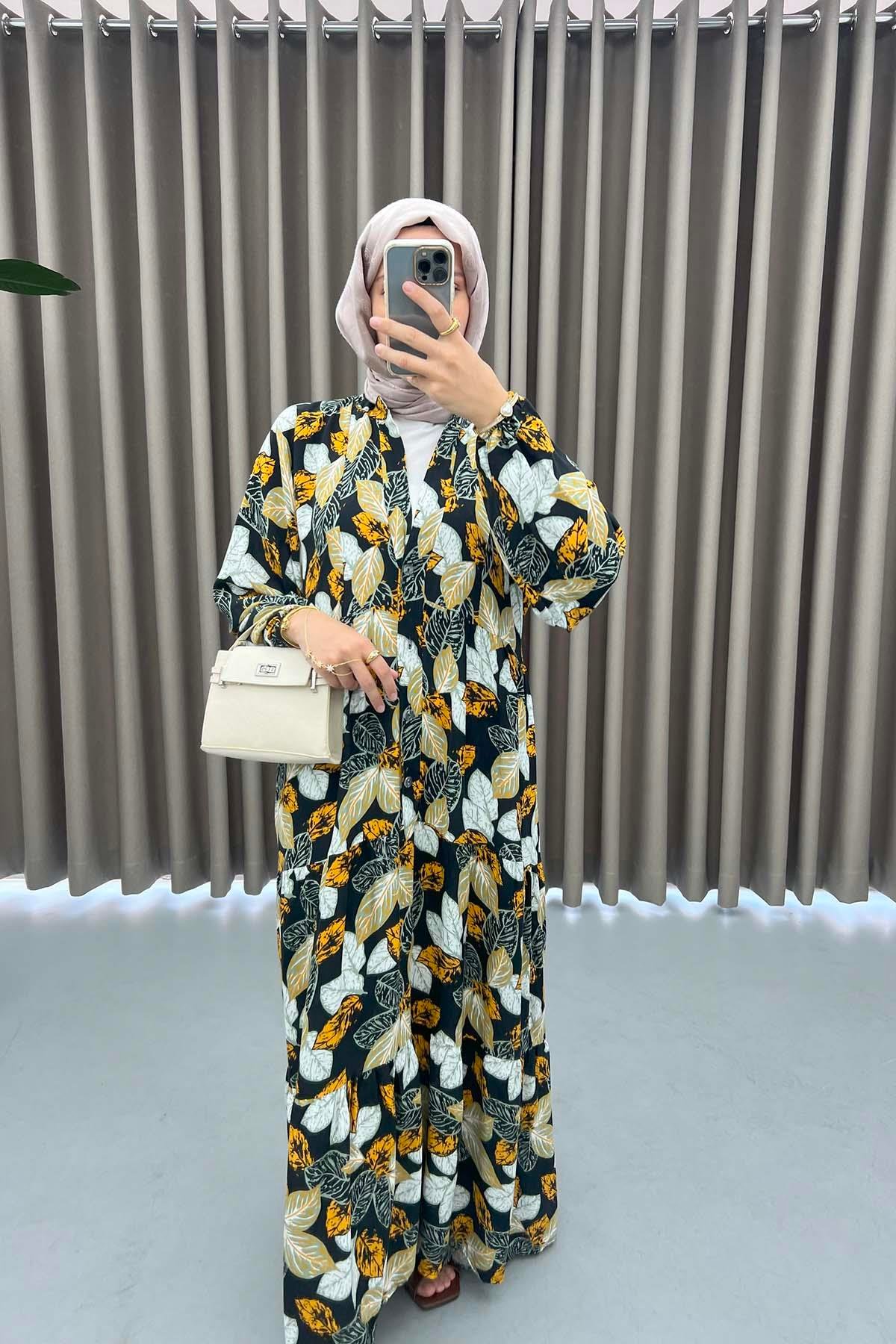Yaprak Desenli Elbise Siyah