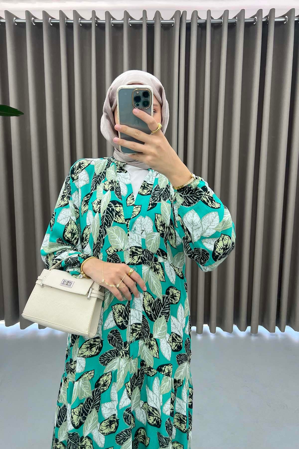 Yaprak Desenli Elbise Yeşil