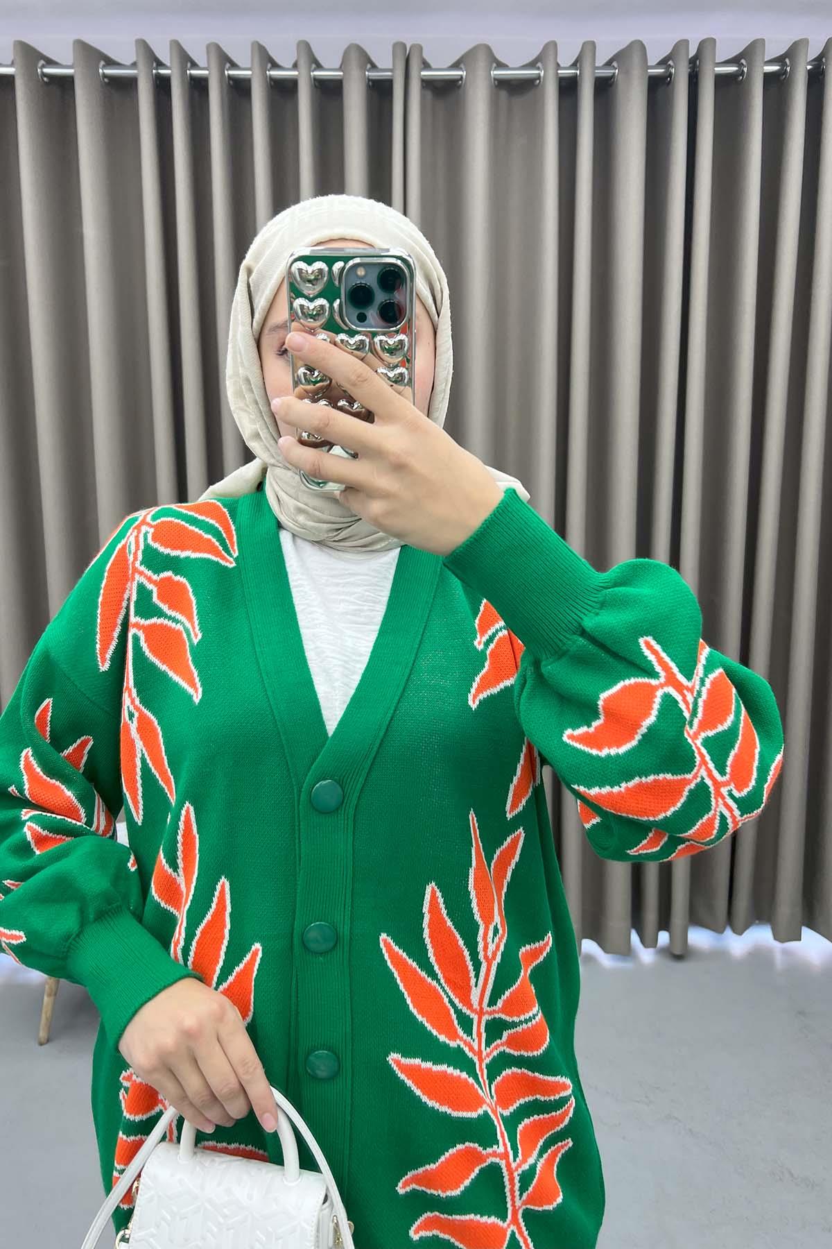 Yaprak Desenli Hırka Benetton Yeşil