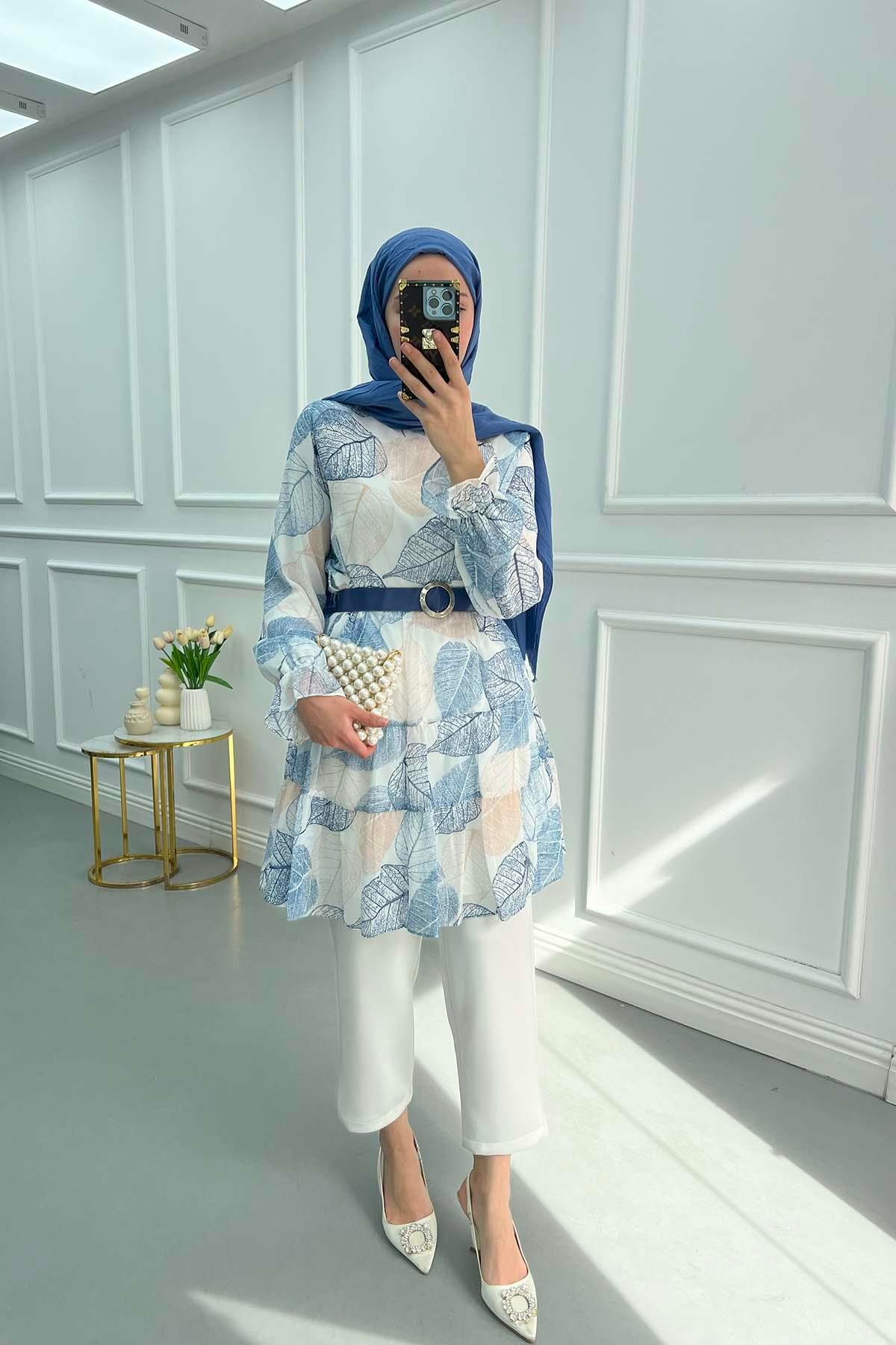 Yaprak Desenli Kemerli Tunik Lacivert
