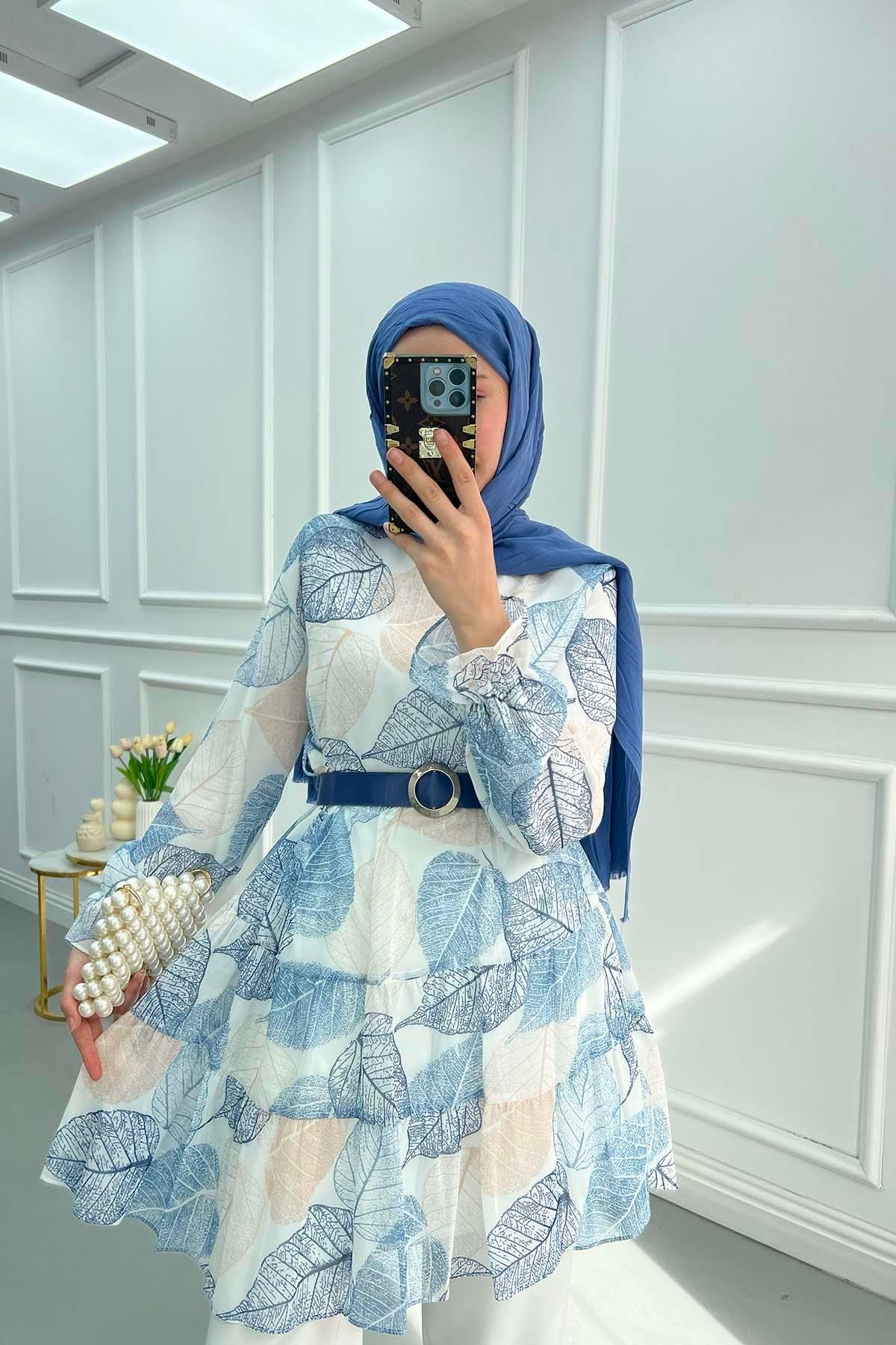 Yaprak Desenli Kemerli Tunik Lacivert
