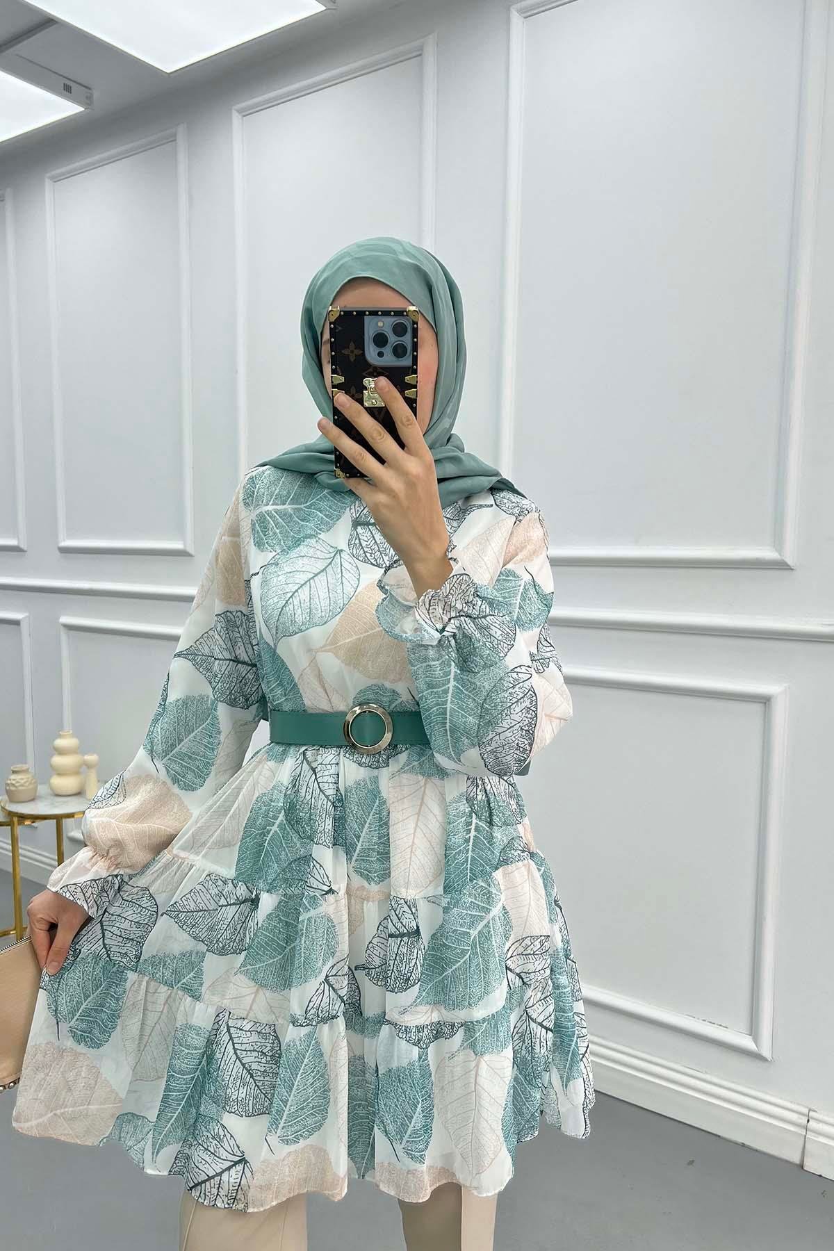Yaprak Desenli Kemerli Tunik Yeşil