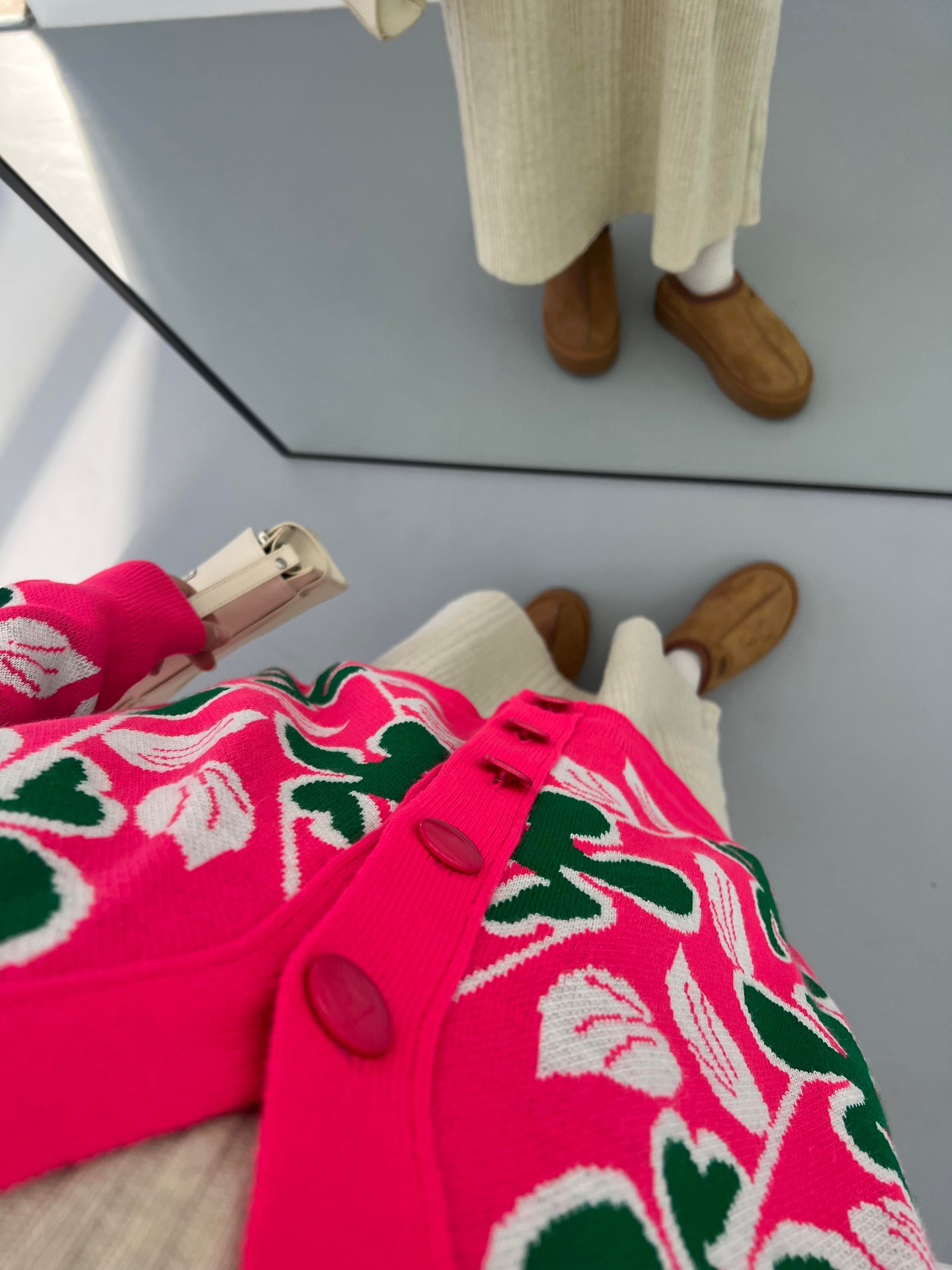 Yaprak Desenli Triko Hırka Pembe
