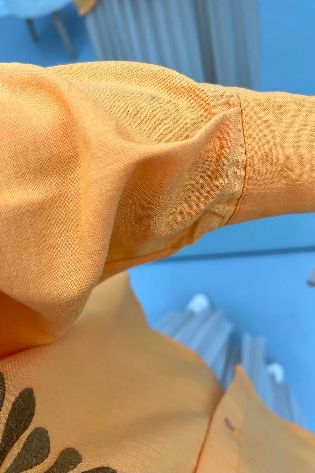 Yaprak Nakışlı Oversize Gömlek Turuncu