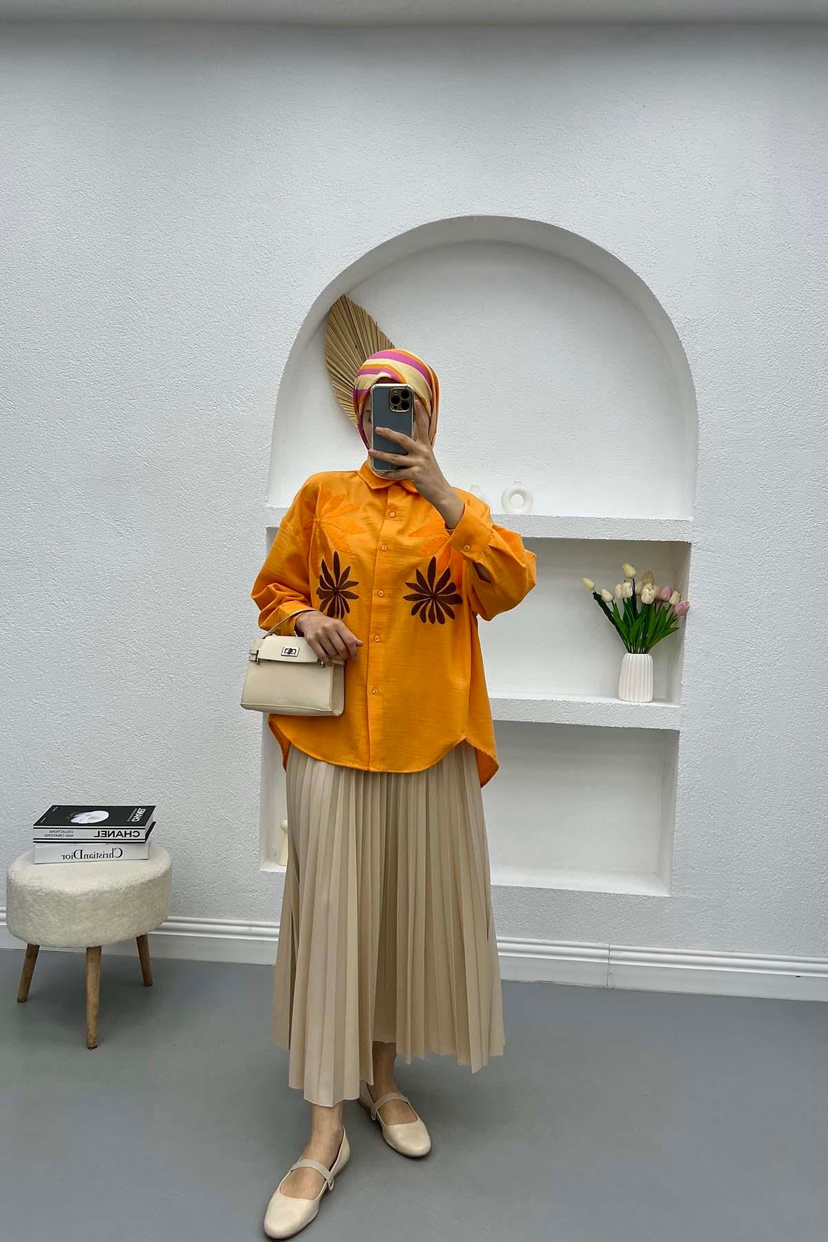Yaprak Nakışlı Oversize Gömlek Turuncu
