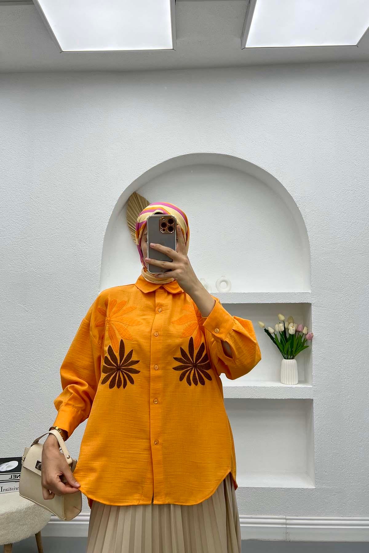 Yaprak Nakışlı Oversize Gömlek Turuncu