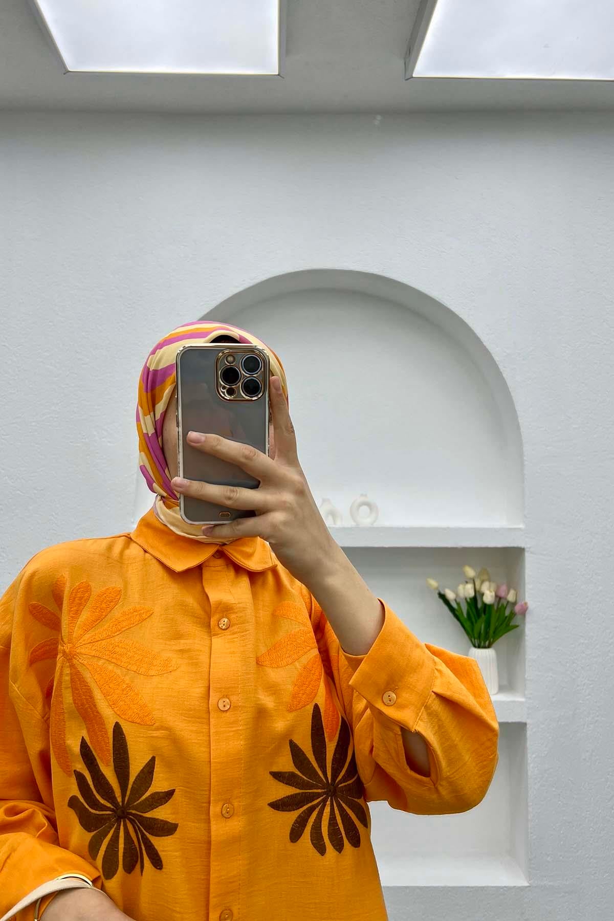 Yaprak Nakışlı Oversize Gömlek Turuncu