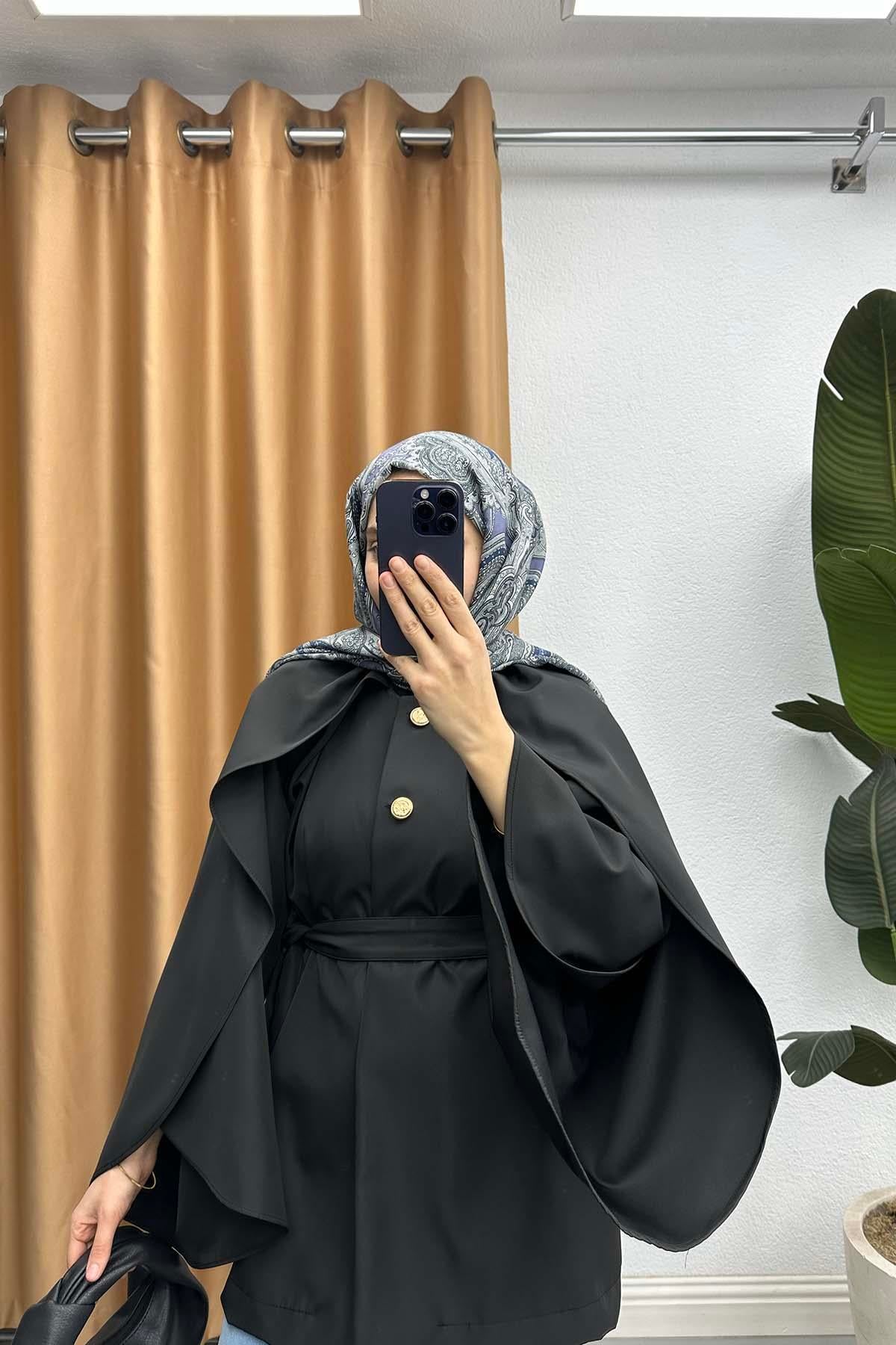 Yarasa Kol Kuşaklı Ceket Siyah