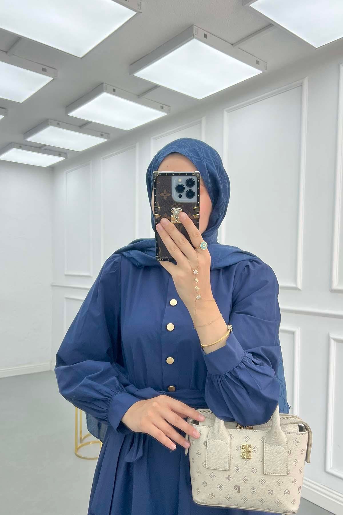 Yarım Düğme Kuşaklı Elbise Lacivert