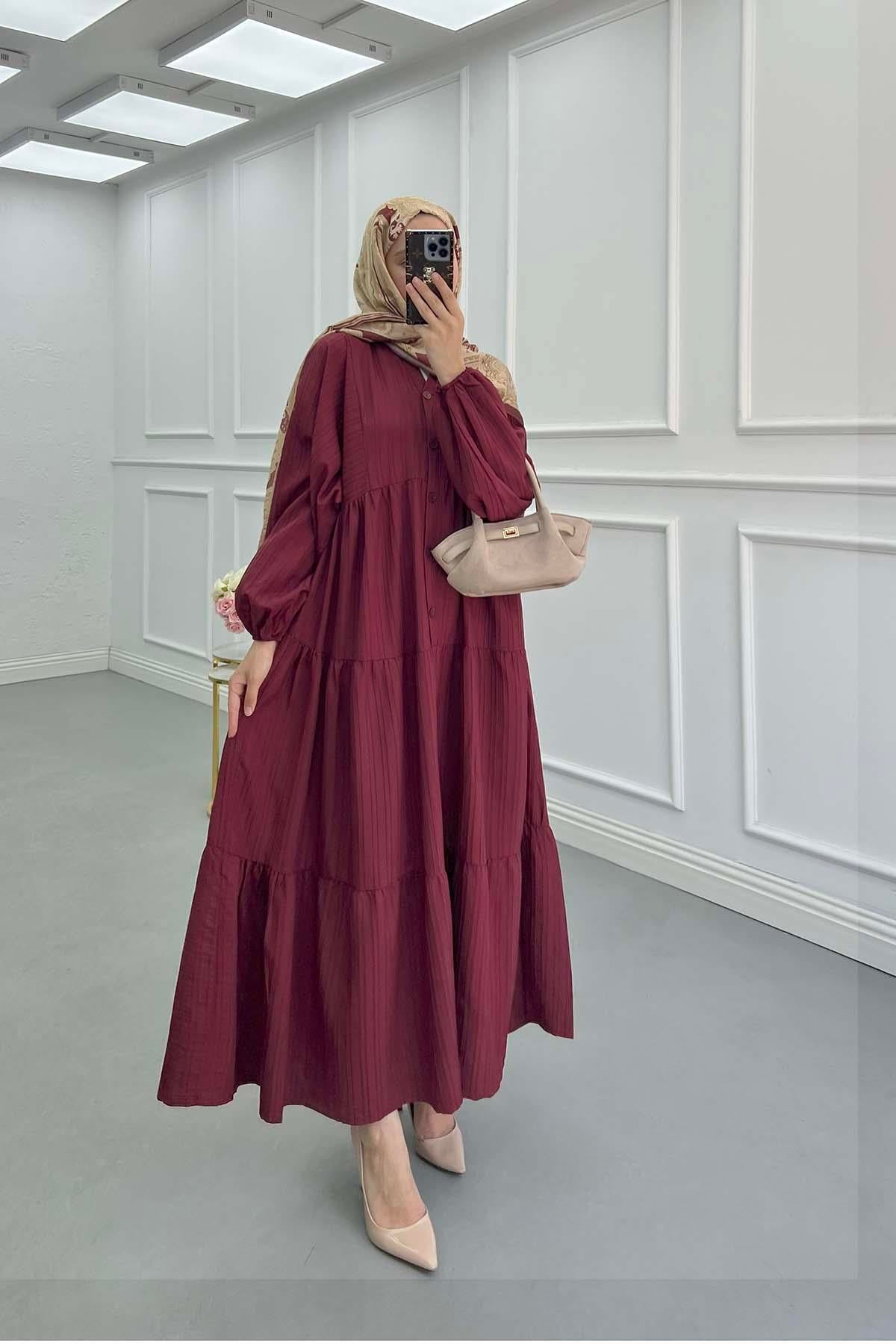 Yarım Düğme Patlı Elbise Bordo