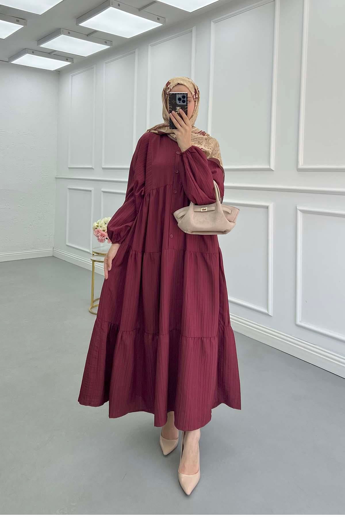 Yarım Düğme Patlı Elbise Bordo