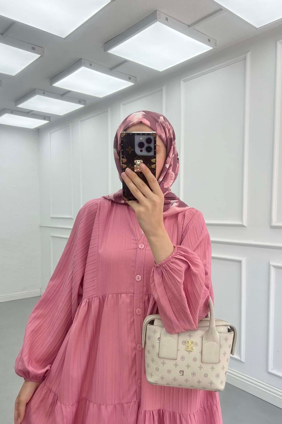 Yarım Düğme Patlı Elbise Pembe