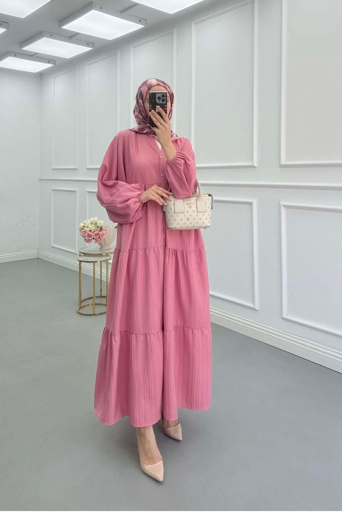 Yarım Düğme Patlı Elbise Pembe