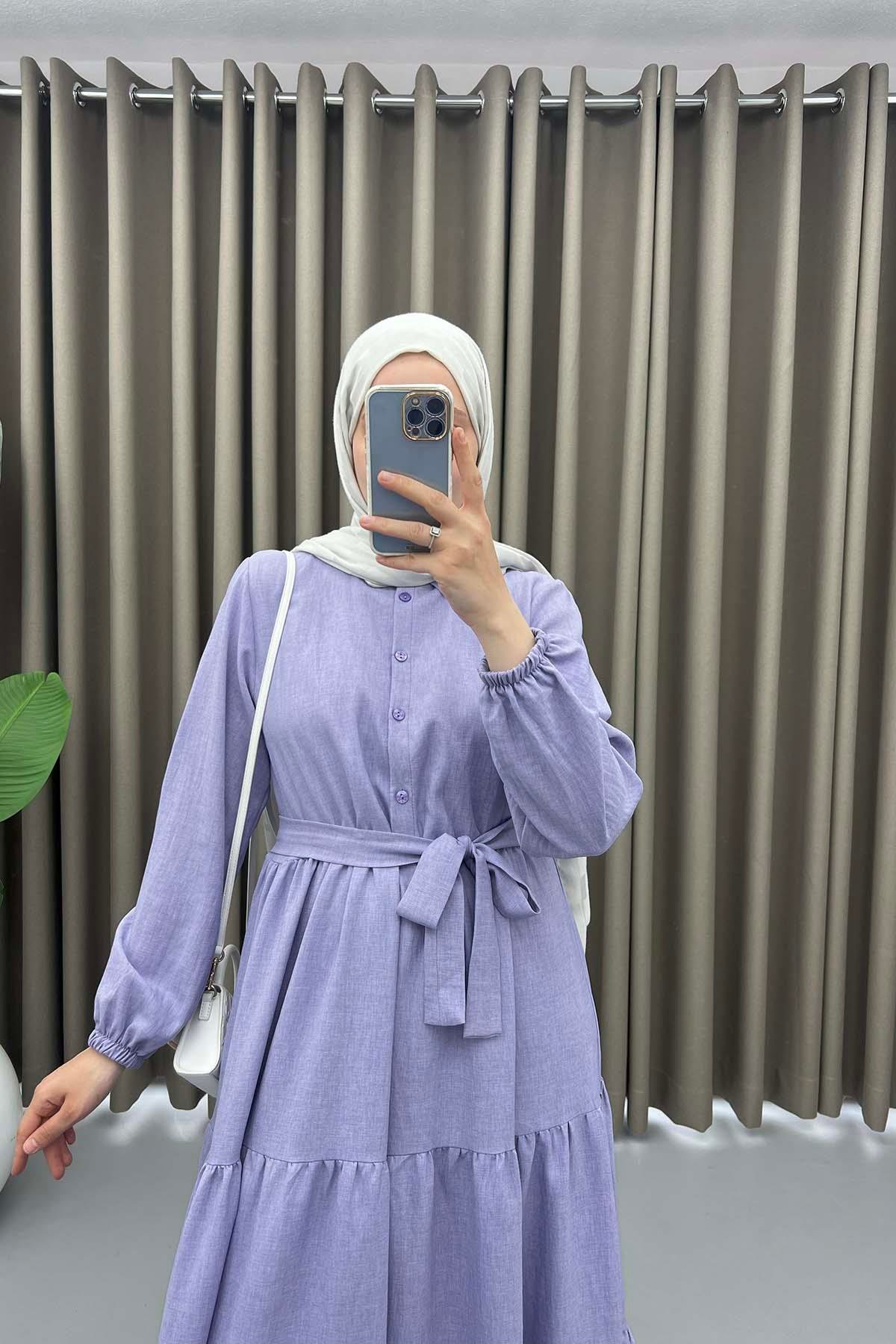 Yarım Düğmeli Bağlamalı Elbise Lila