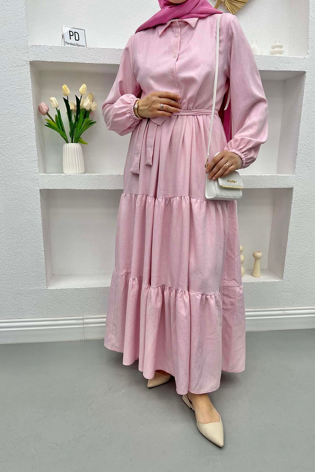 Yarım Düğmeli Bağlamalı Elbise Pembe