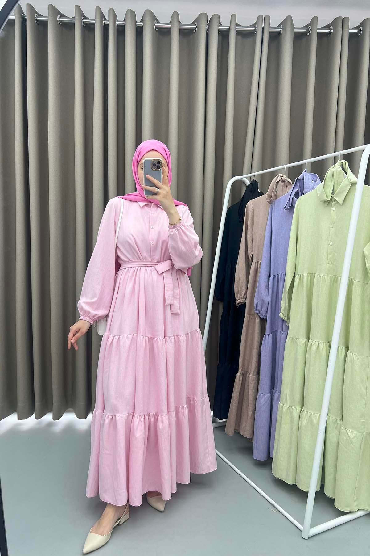 Yarım Düğmeli Bağlamalı Elbise Pembe