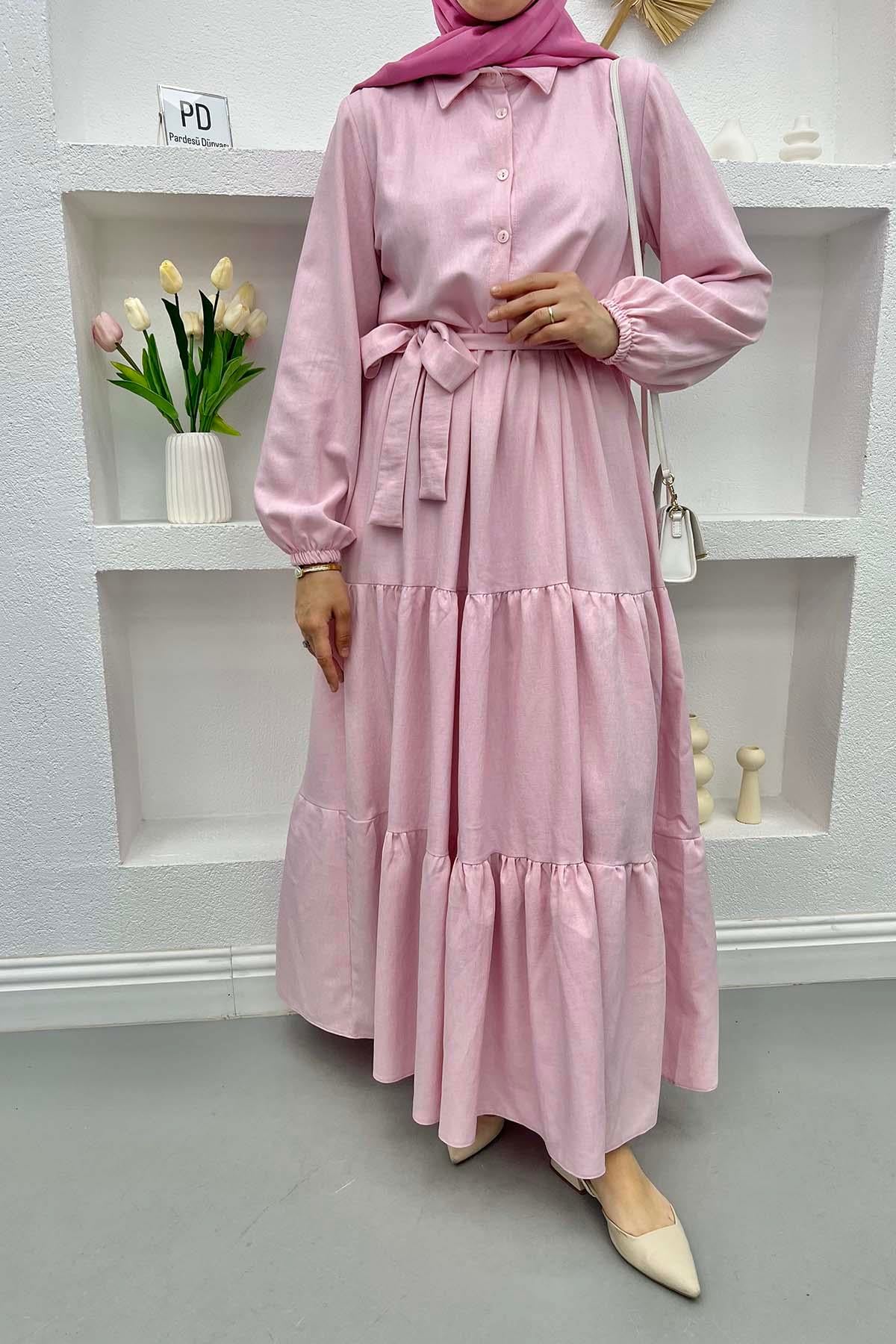 Yarım Düğmeli Bağlamalı Elbise Pembe