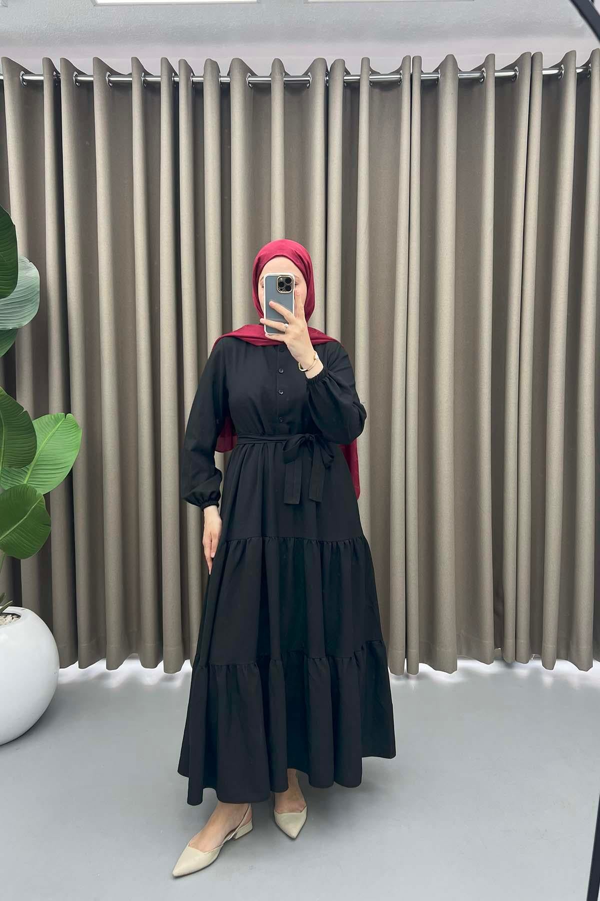 Yarım Düğmeli Bağlamalı Elbise Siyah