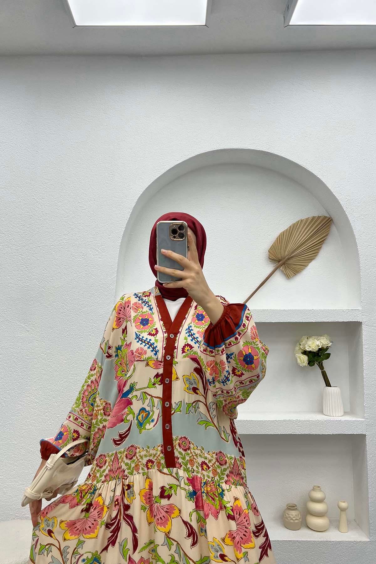 Yarım Düğmeli Çiçekli Elbise Bordo