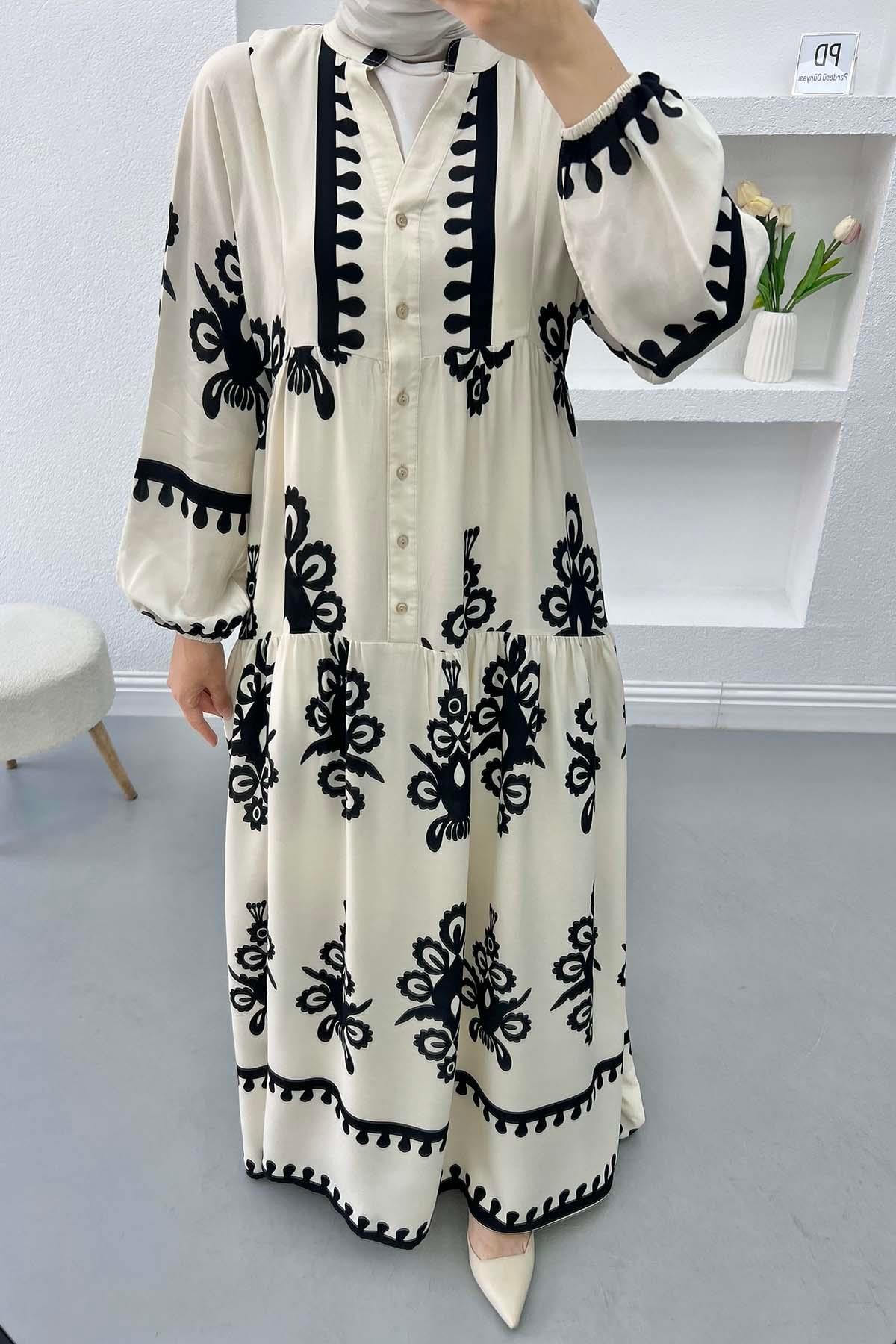 Yarım Düğmeli Desenli Elbise Beyaz