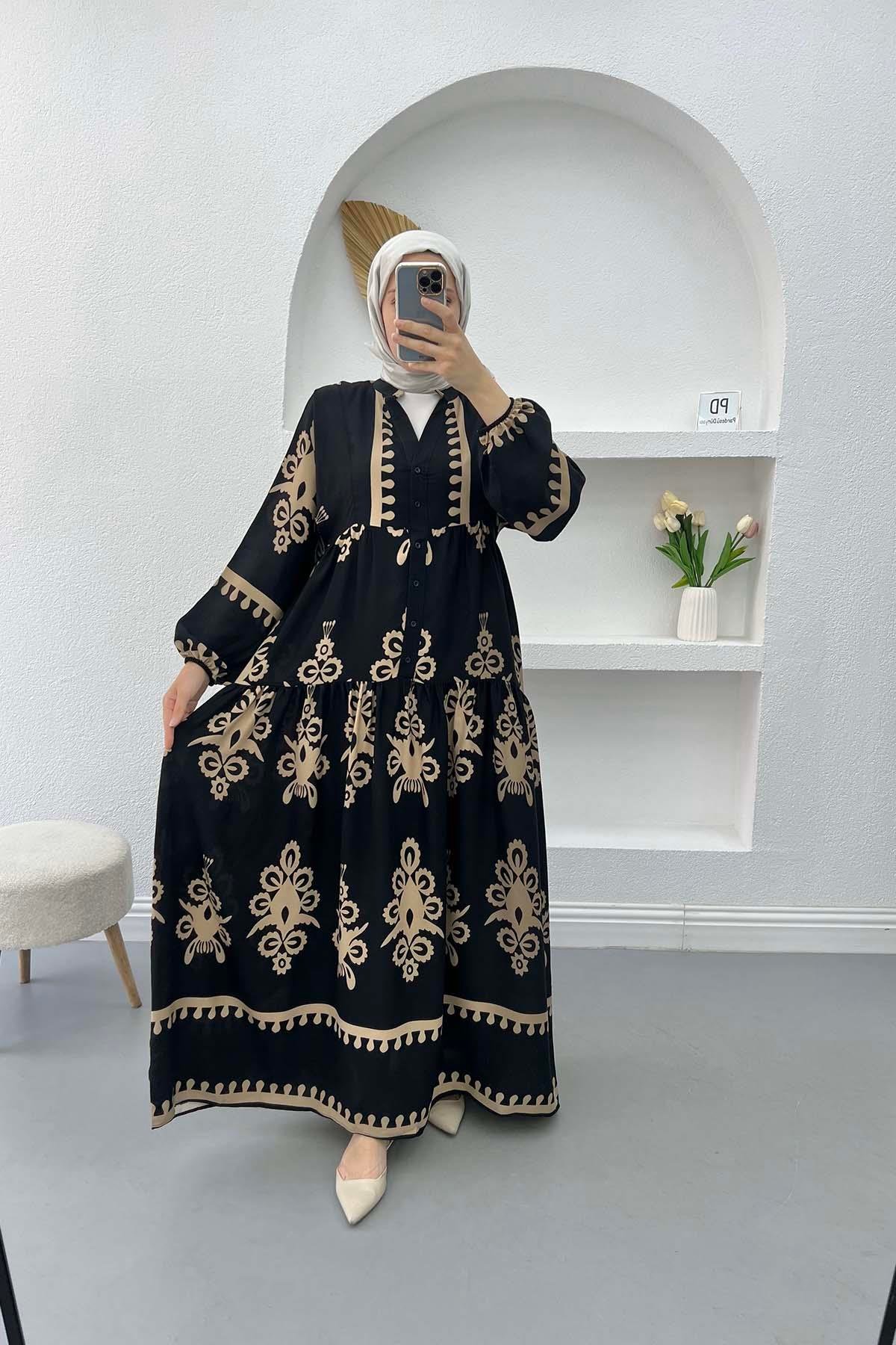 Yarım Düğmeli Desenli Elbise Camel
