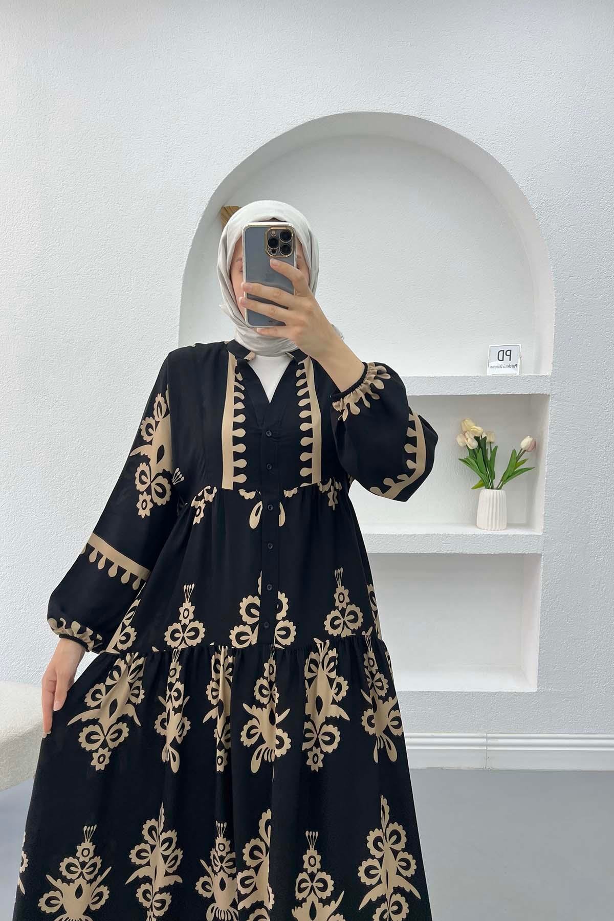Yarım Düğmeli Desenli Elbise Camel