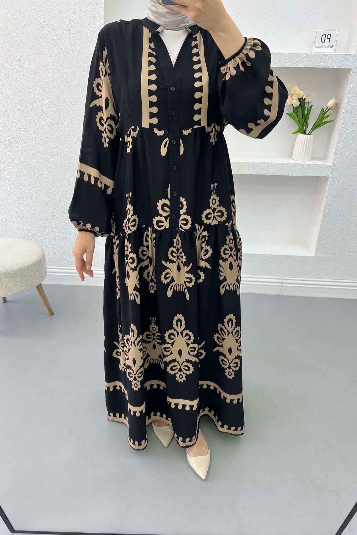 Yarım Düğmeli Desenli Elbise Camel