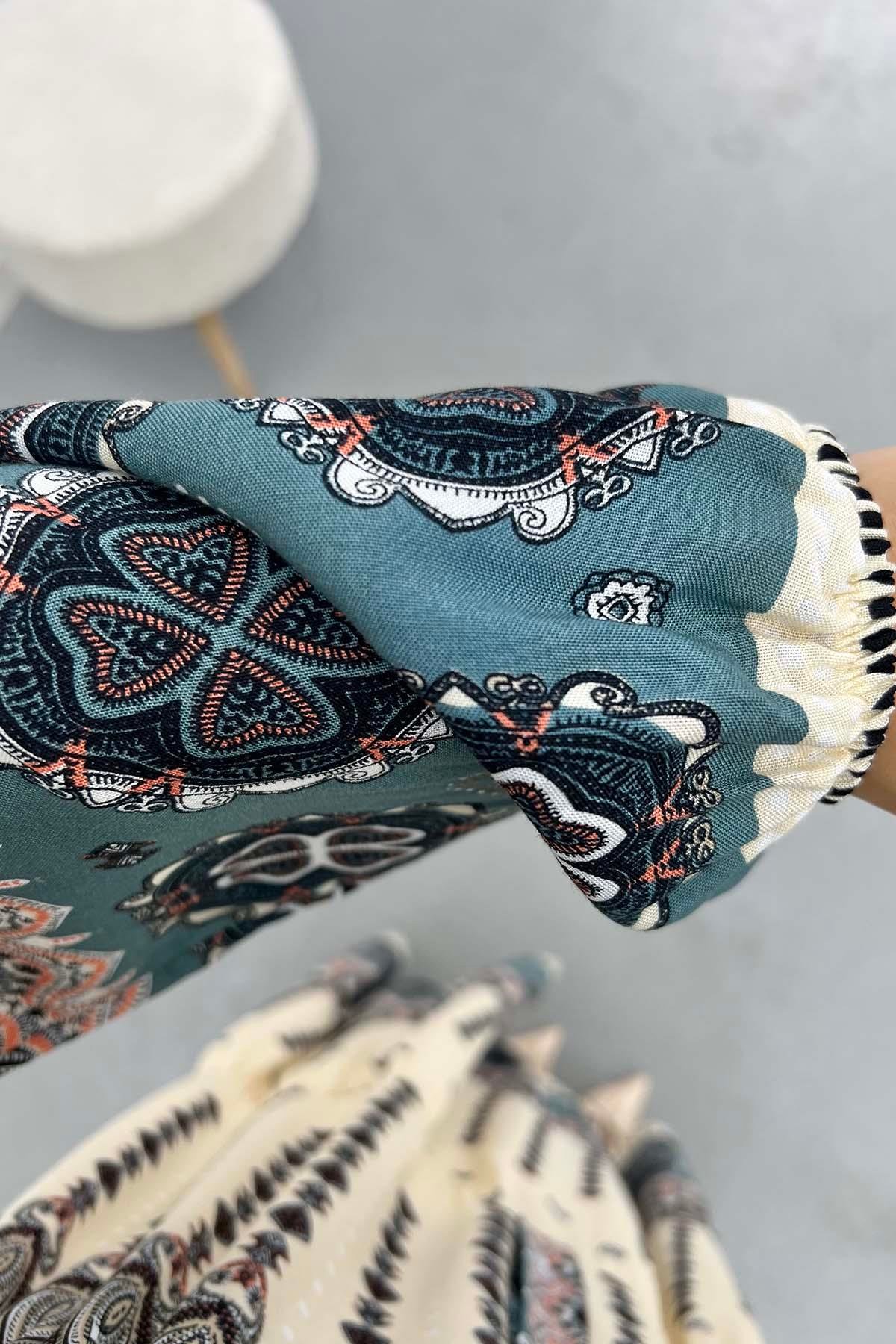 Yarım Düğmeli Desenli Elbise Krem