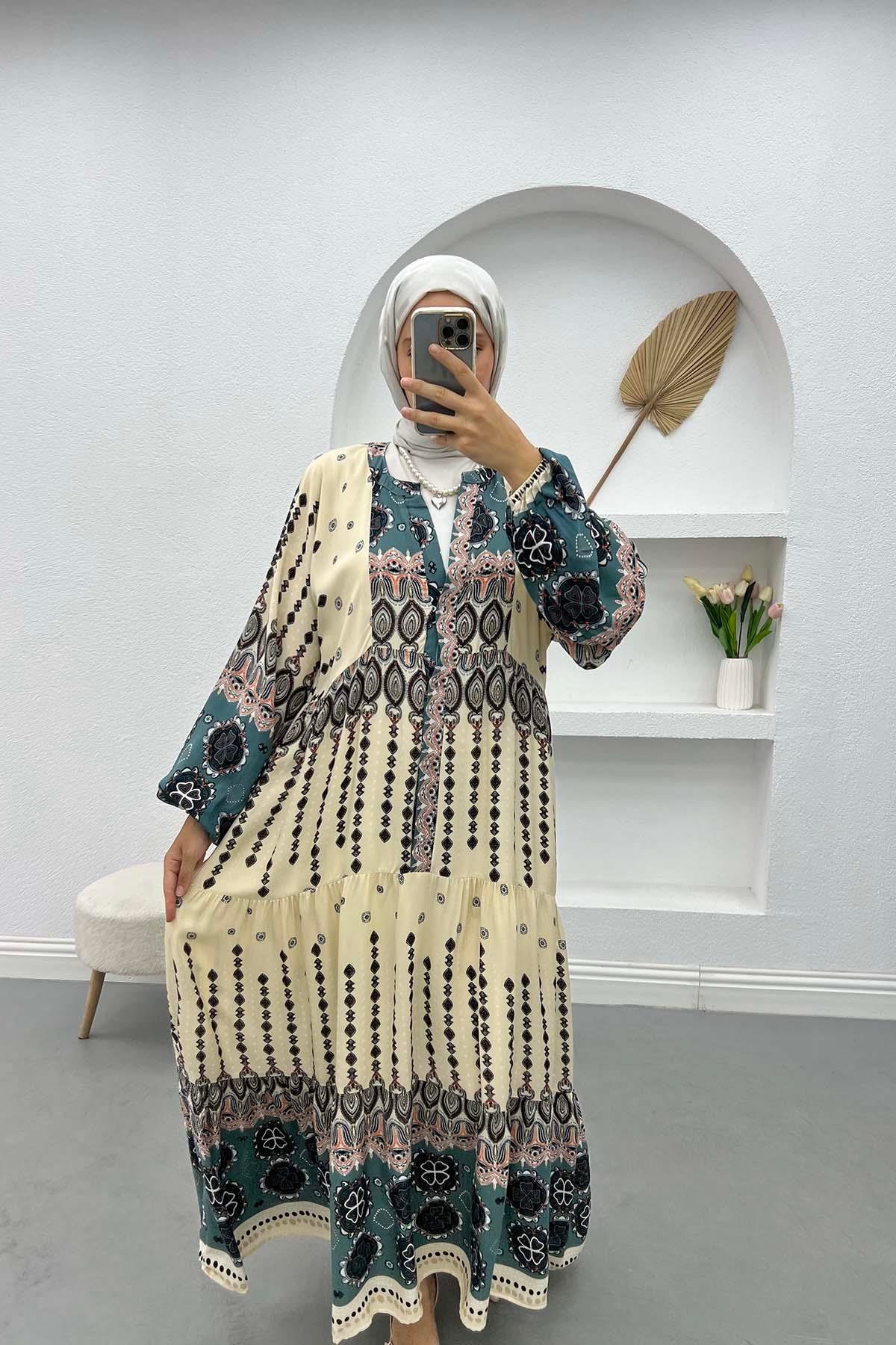 Yarım Düğmeli Desenli Elbise Krem