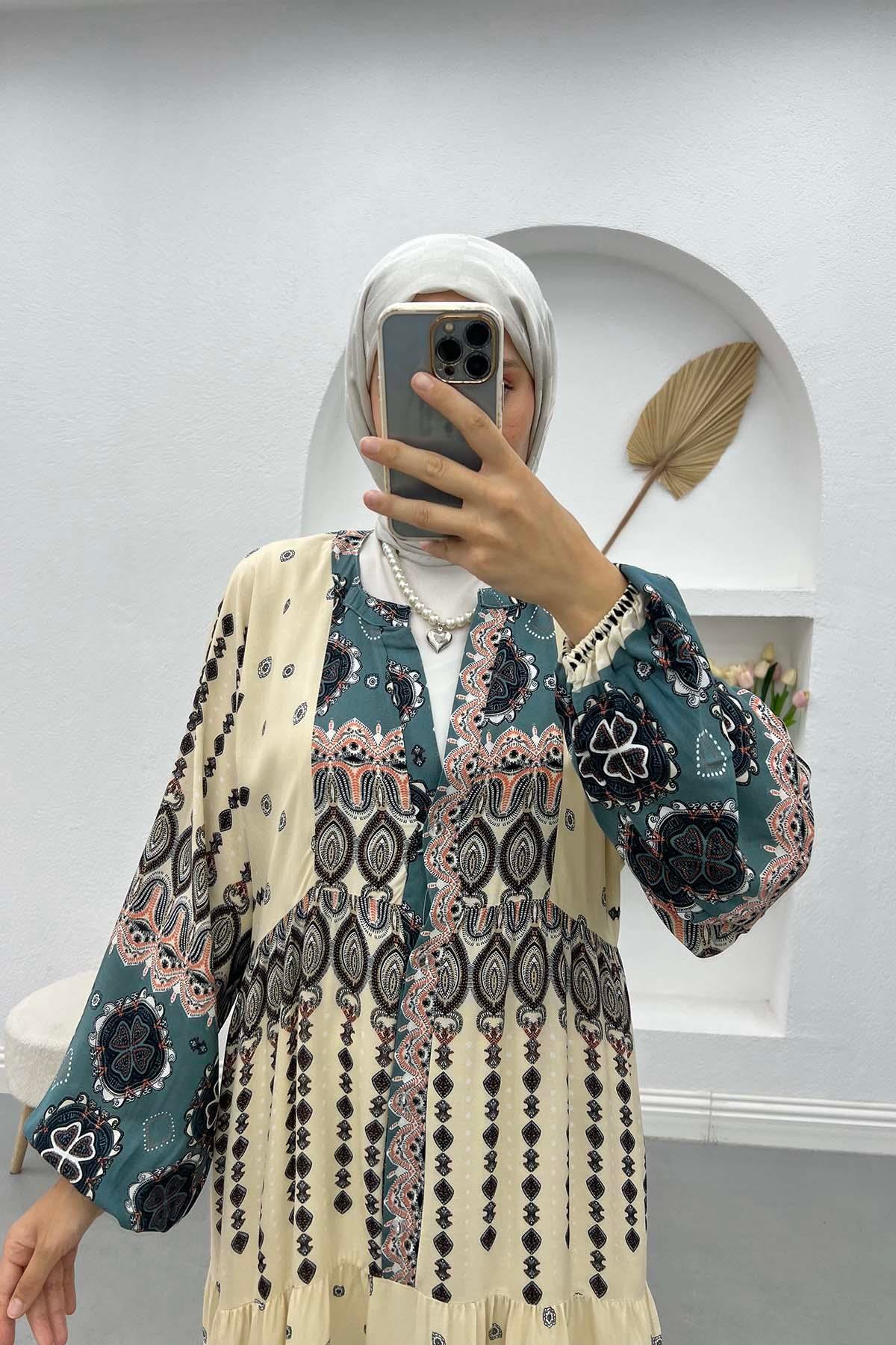 Yarım Düğmeli Desenli Elbise Krem