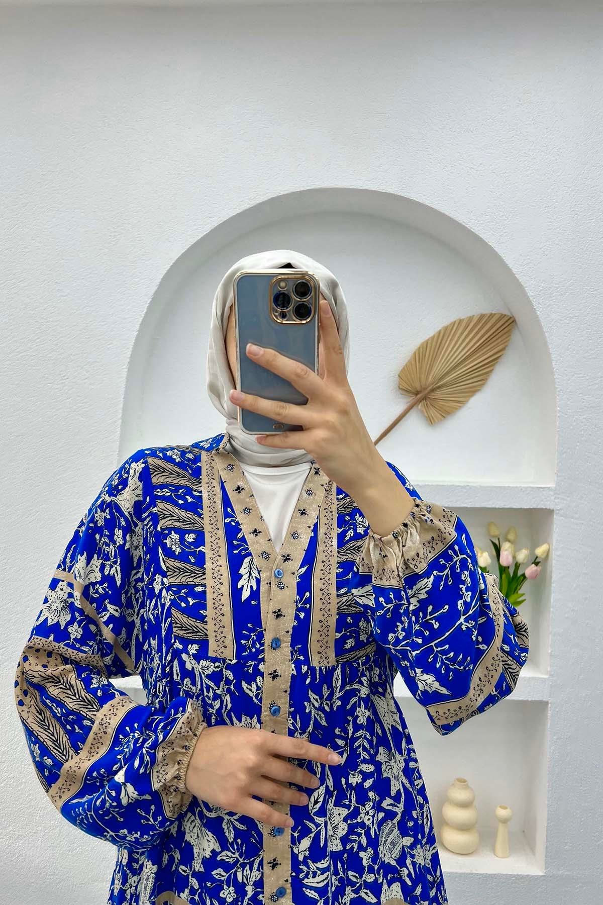 Yarım Düğmeli Desenli Elbise Mavi