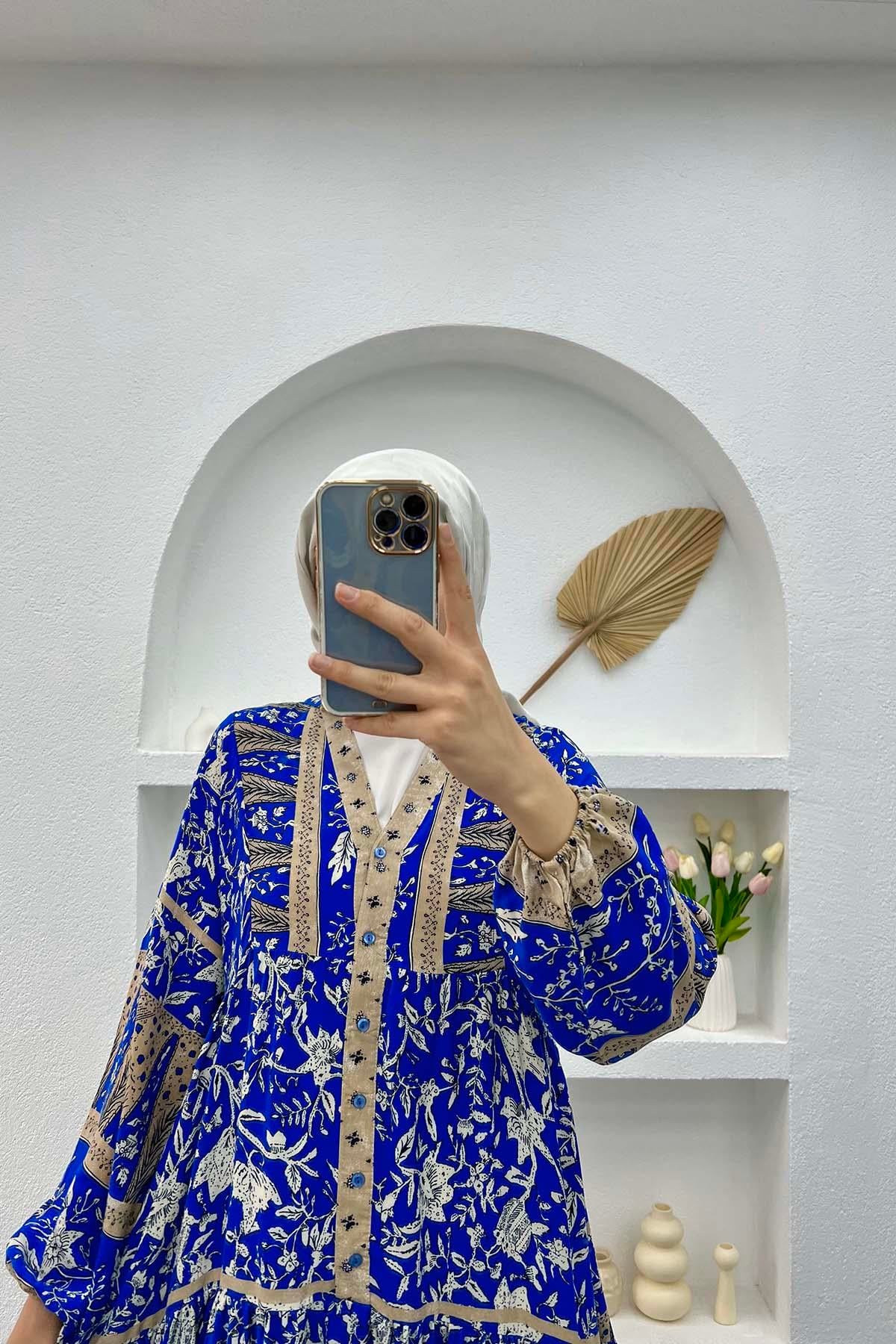 Yarım Düğmeli Desenli Elbise Mavi