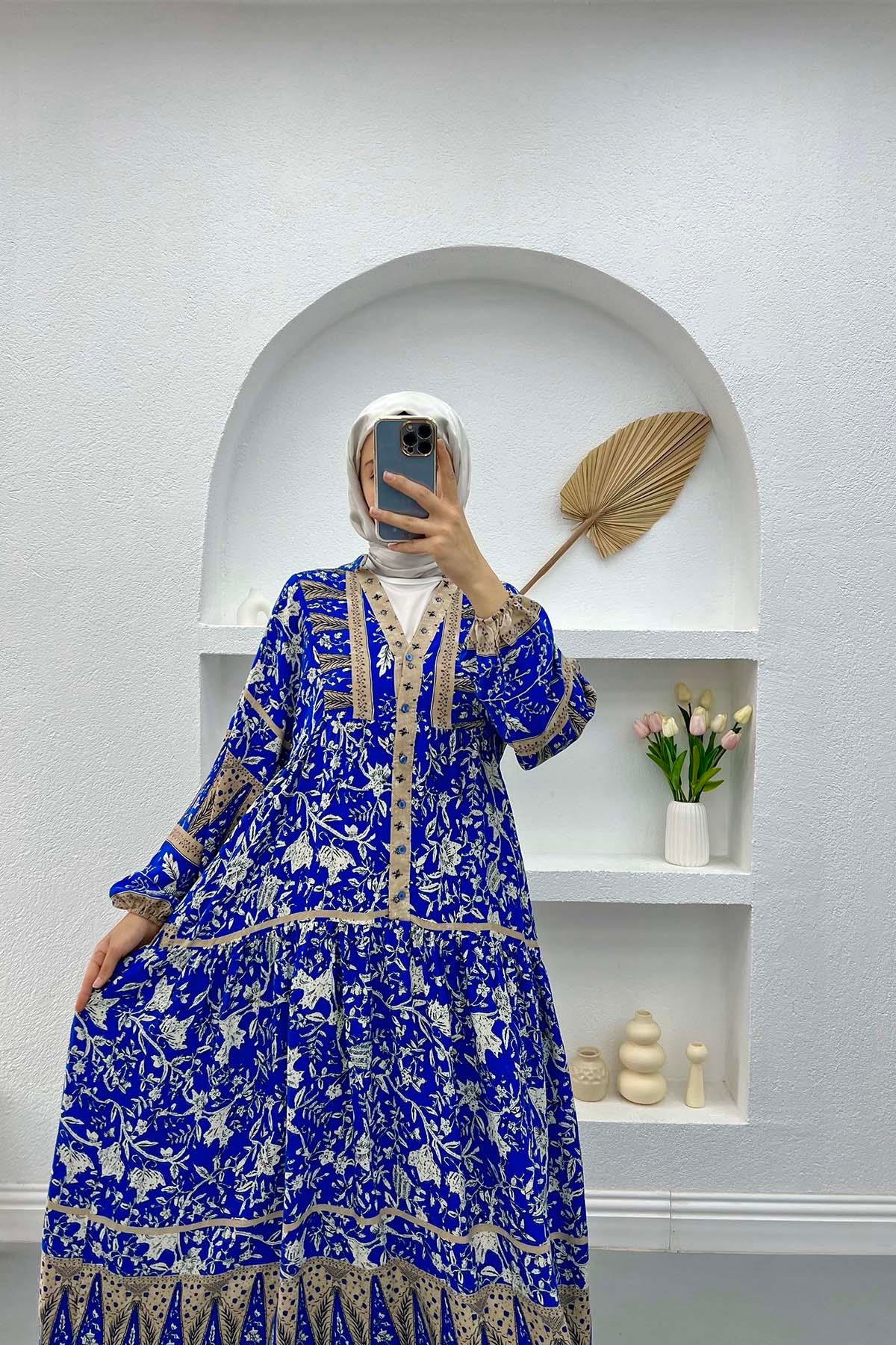 Yarım Düğmeli Desenli Elbise Mavi