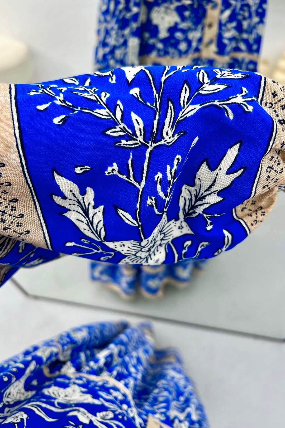 Yarım Düğmeli Desenli Elbise Mavi