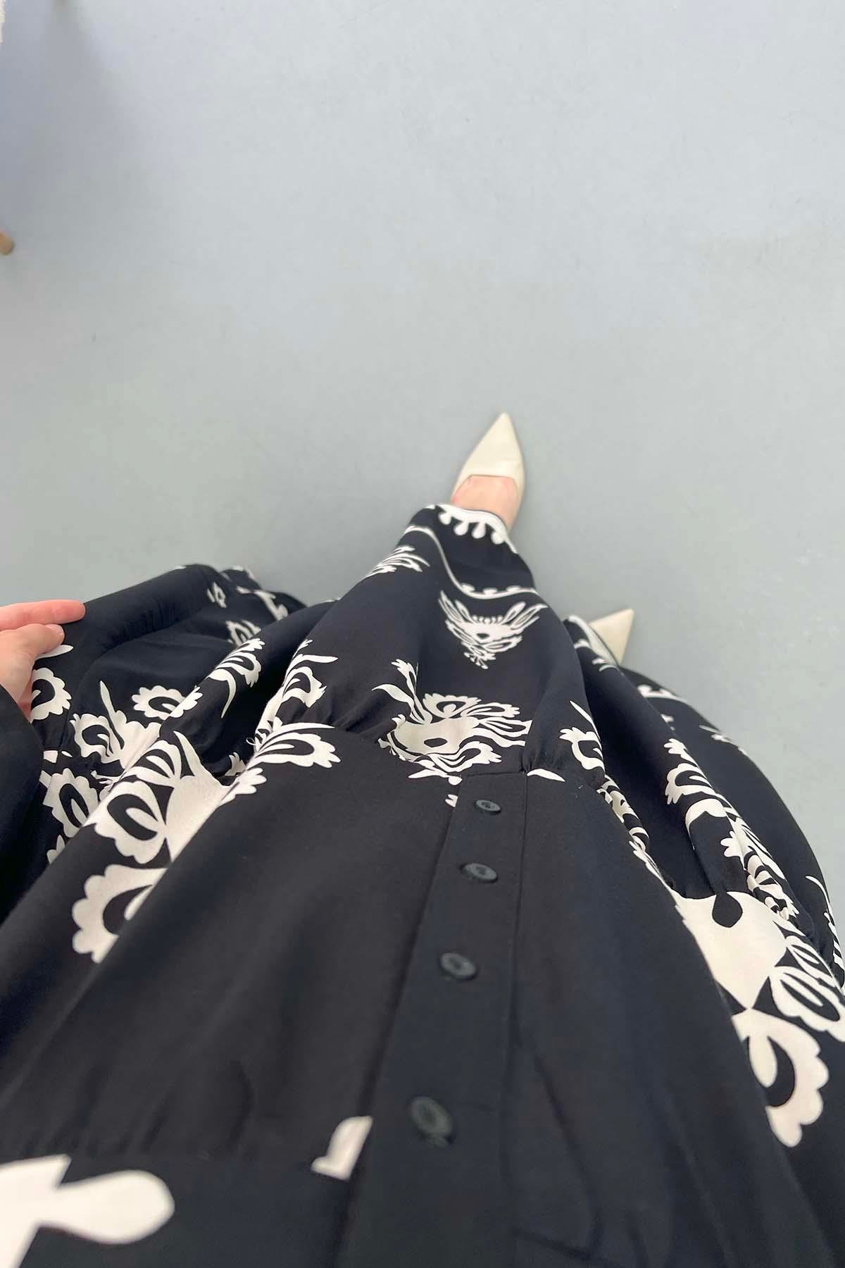 Yarım Düğmeli Desenli Elbise Siyah