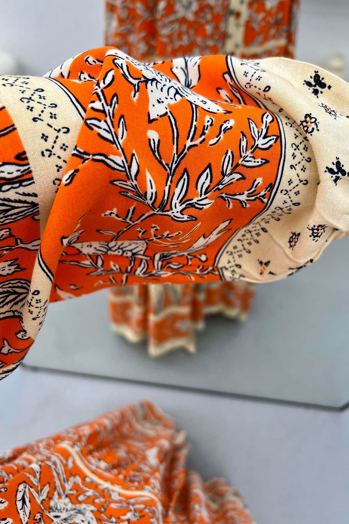 Yarım Düğmeli Desenli Elbise Turuncu