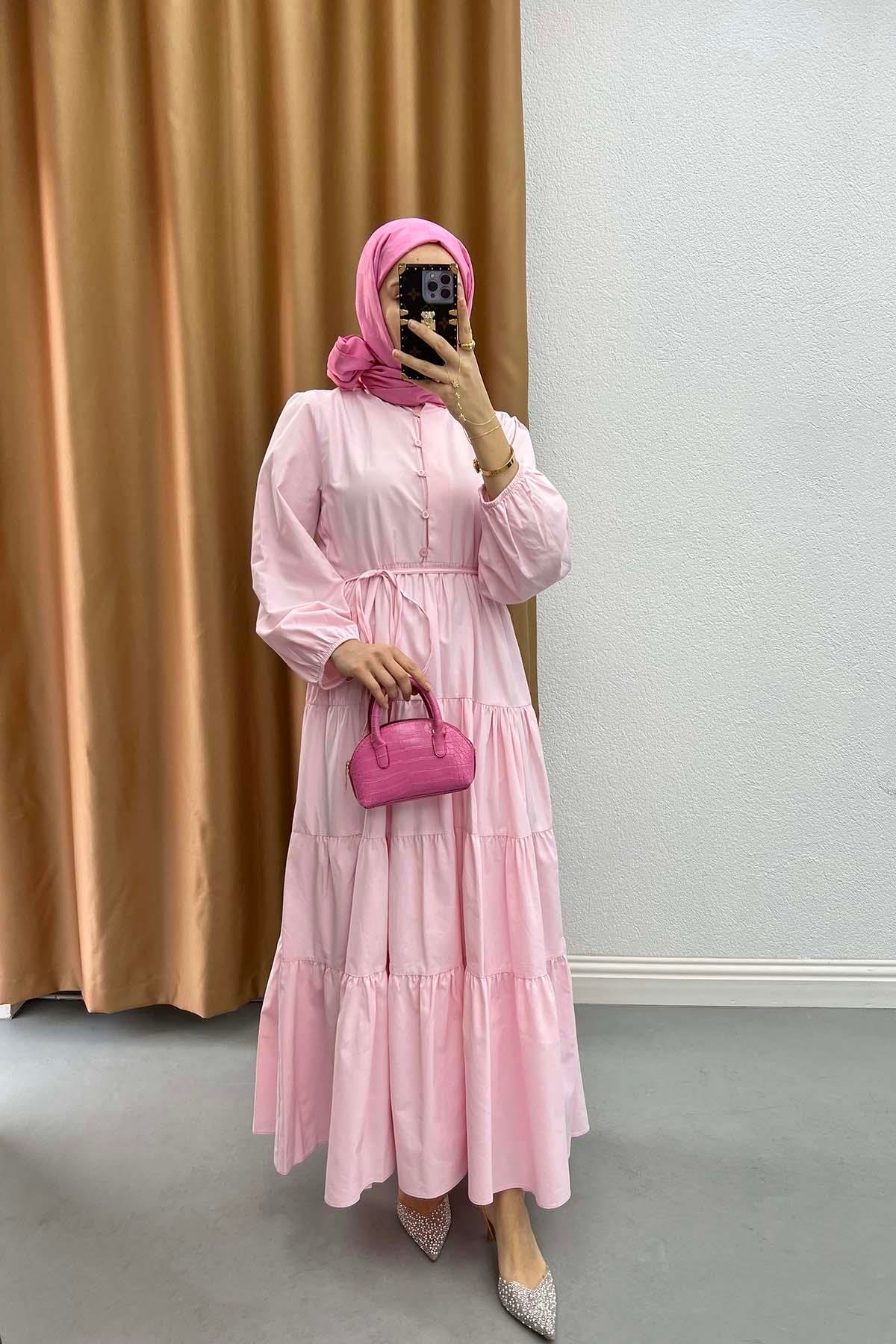 Yarım Düğmeli Elbise Pembe